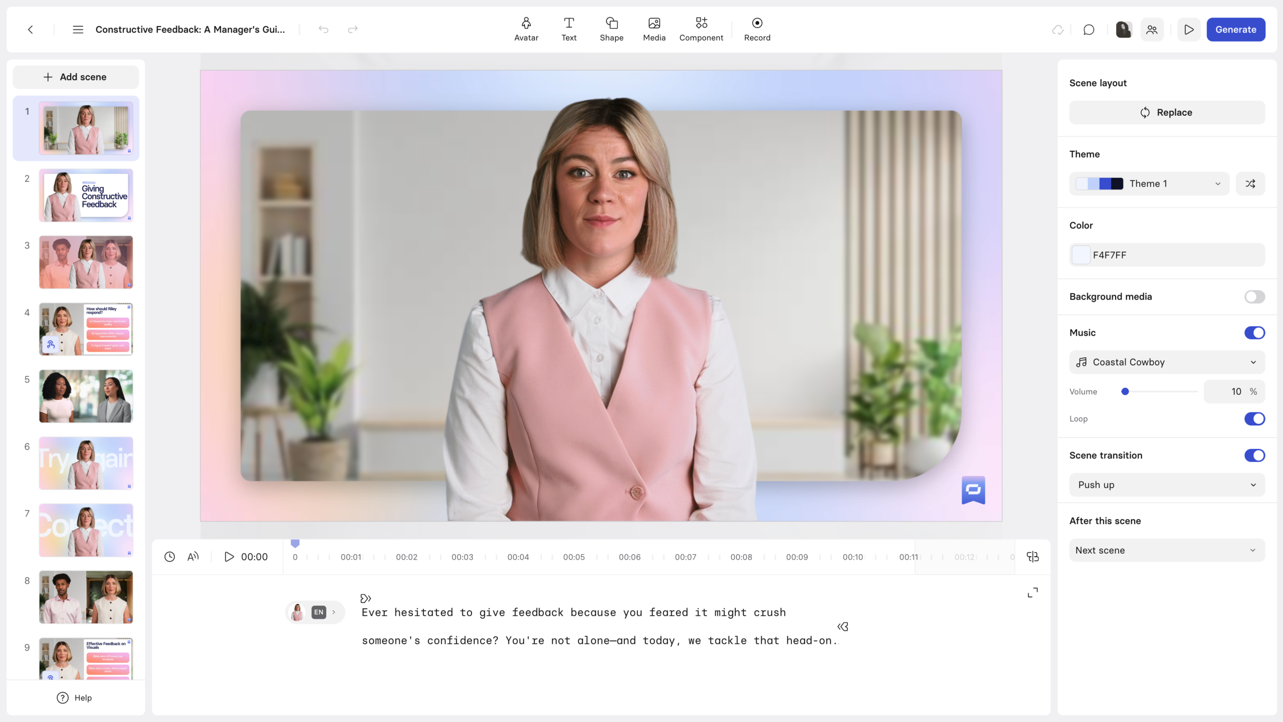 Synthesia AI video editor with avatar and scene controls