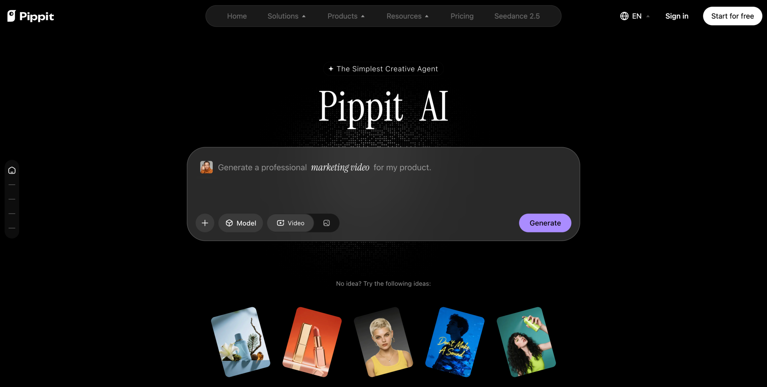 Pippit AI video creation interface for ecommerce marketing