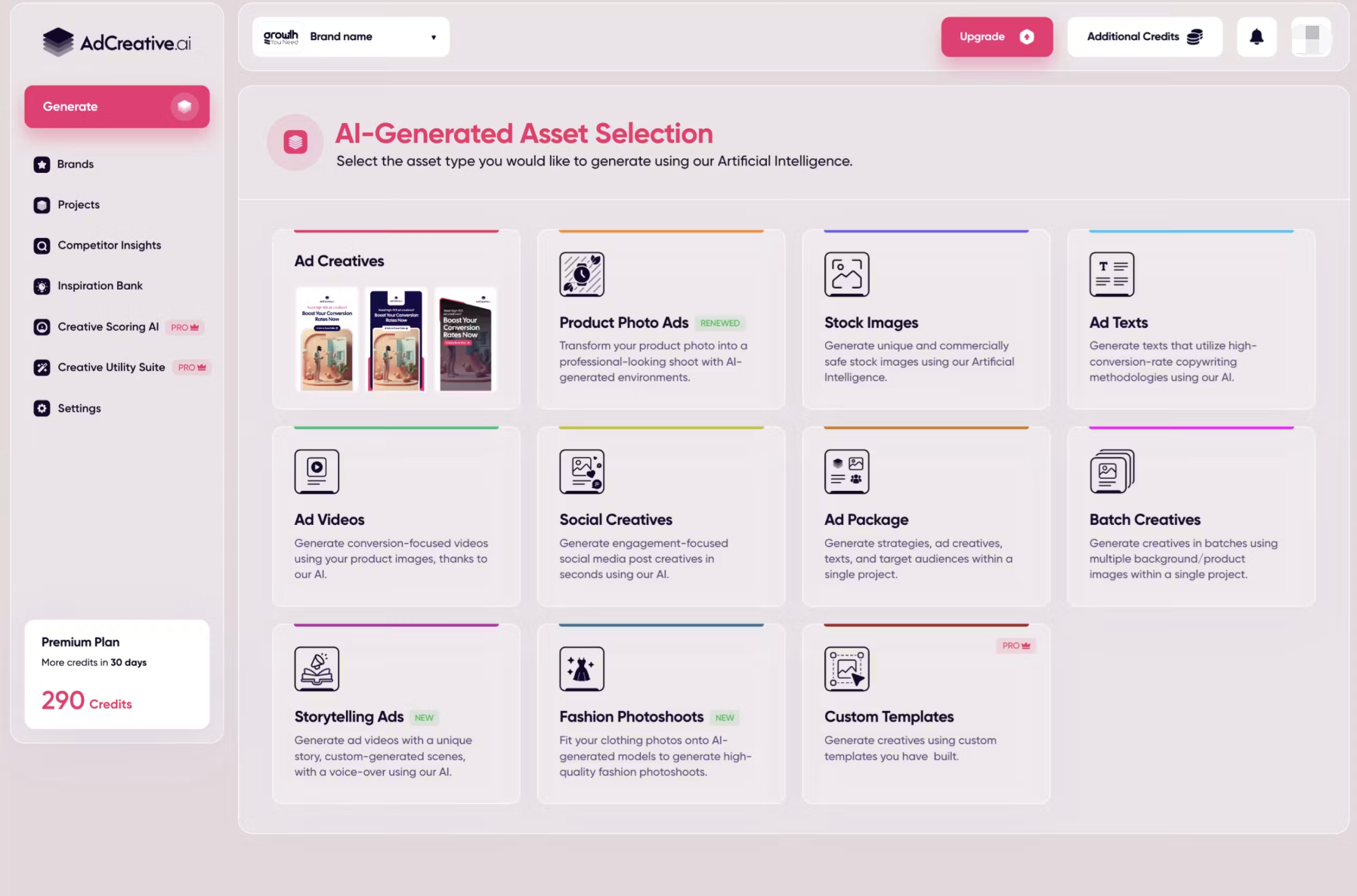 AdCreative.ai workspace showing generated ecommerce ad creative variations