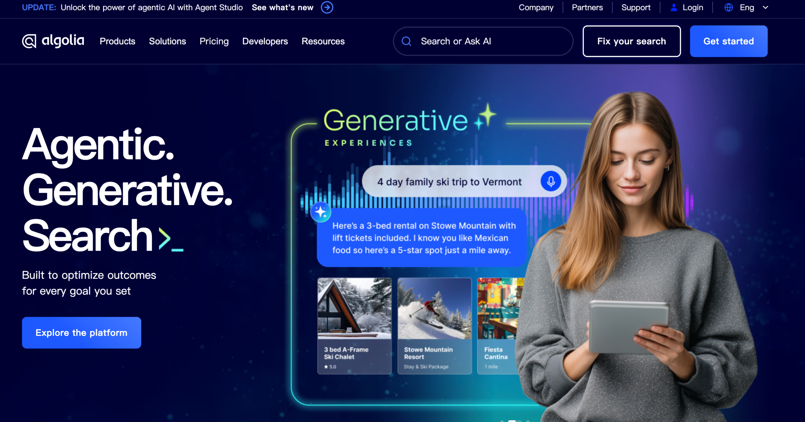 Algolia homepage presenting its AI search and retrieval platform