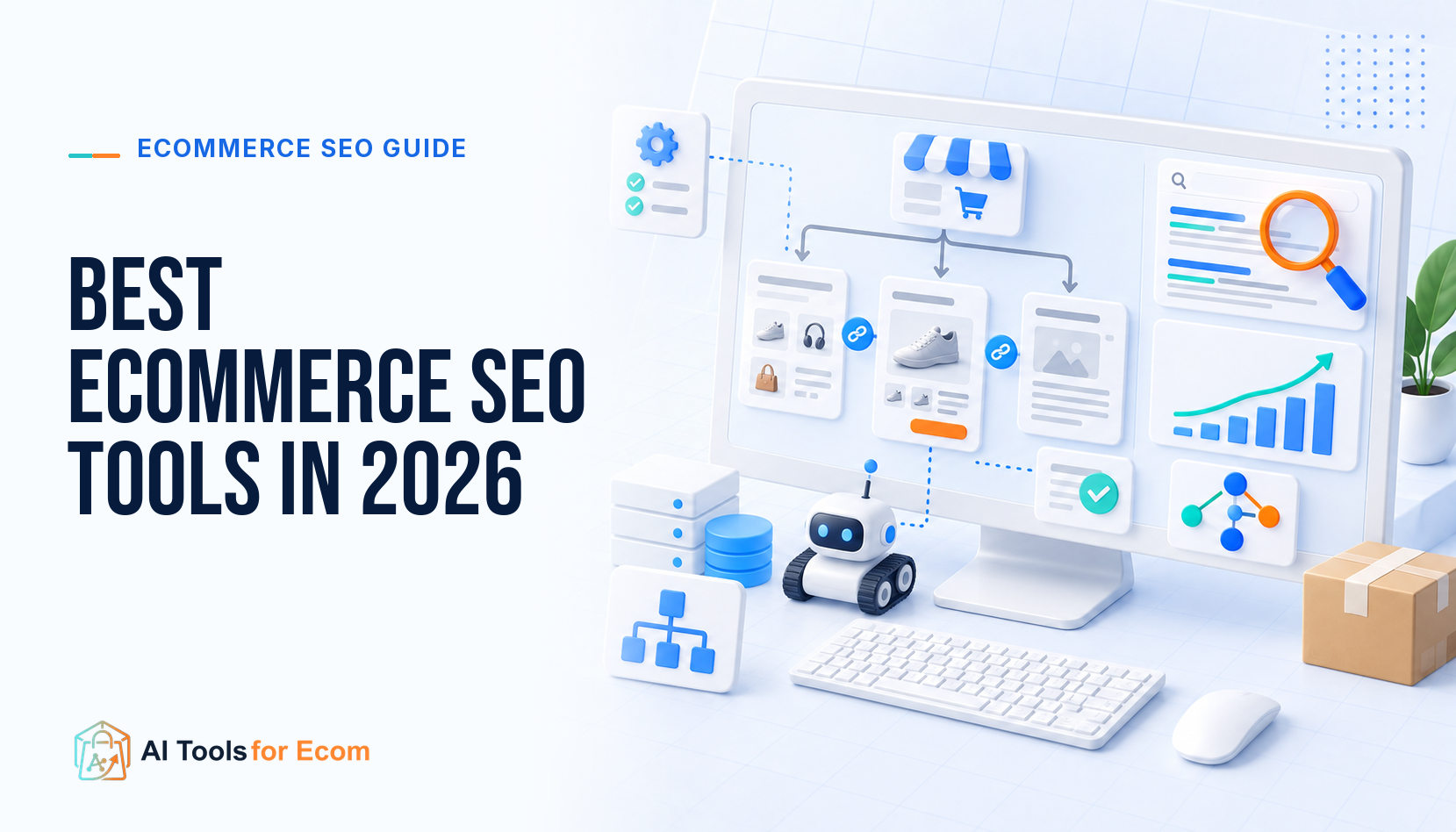 Ecommerce SEO workflow connecting store pages, technical crawling, internal links, structured data, and search performance