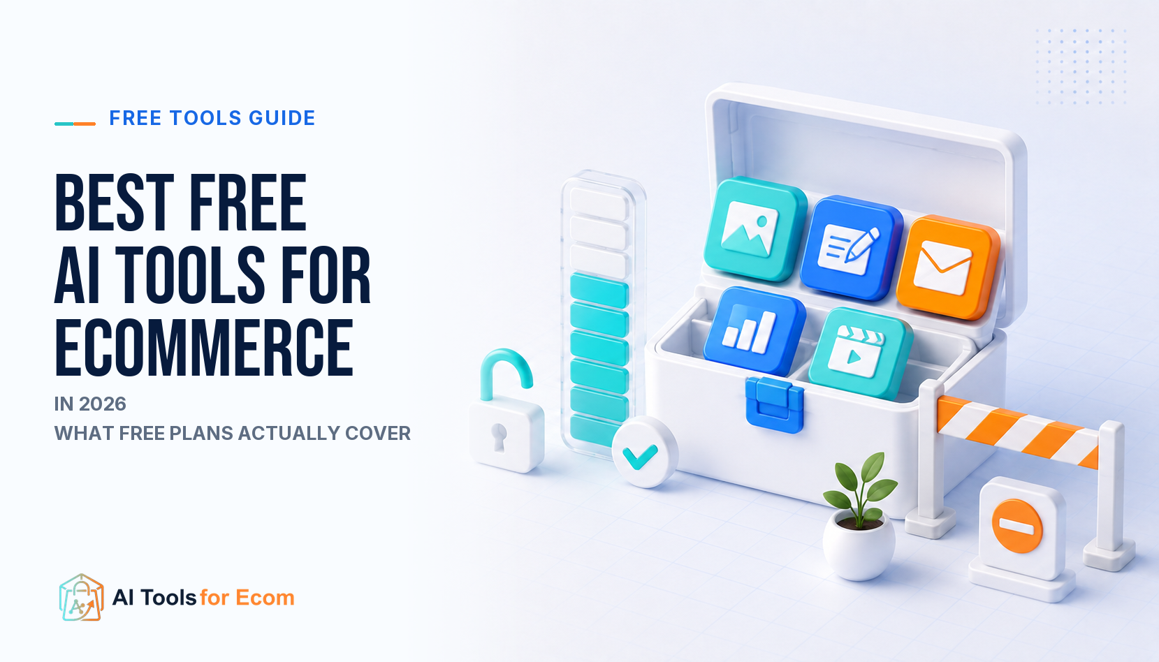 Free AI tools for ecommerce shown as a modular toolbox with usage limits