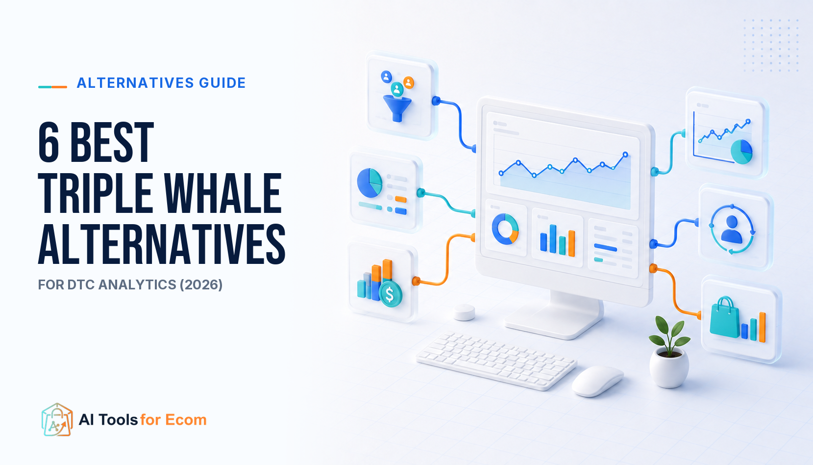 Six Triple Whale alternatives shown as a connected DTC ecommerce analytics dashboard