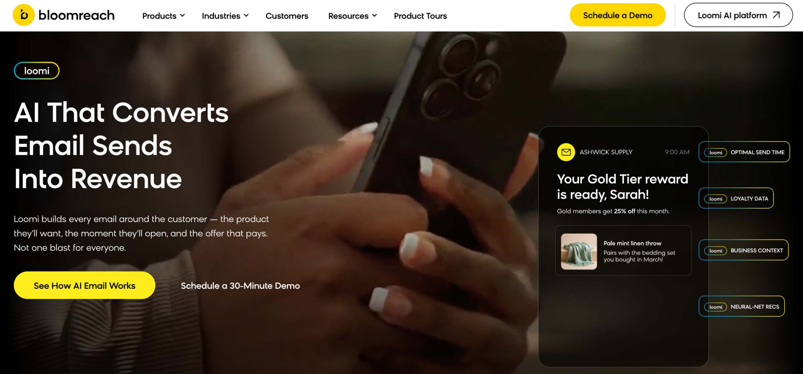 Bloomreach homepage presenting its AI platform for ecommerce personalization and product discovery