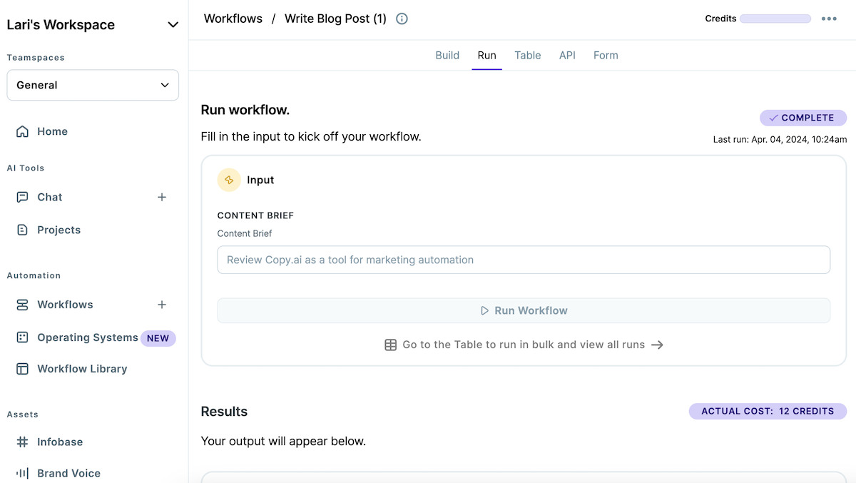 Copy.ai workflow interface showing AI actions for a repeatable marketing or content process