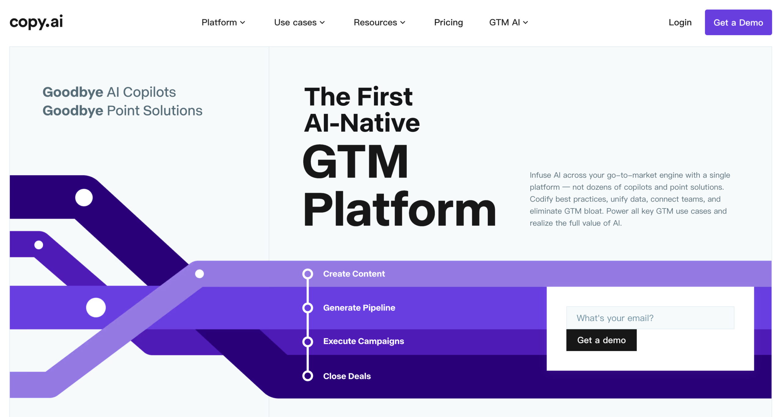 Copy.ai homepage presenting its go-to-market AI platform for sales and marketing workflows
