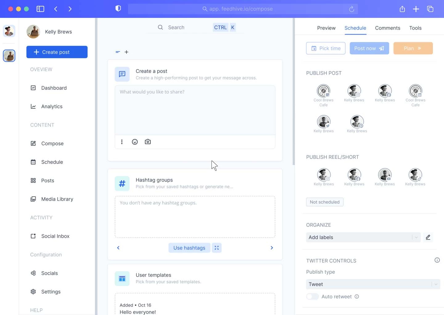 FeedHive post composer for creating, scheduling, and publishing content across social media accounts
