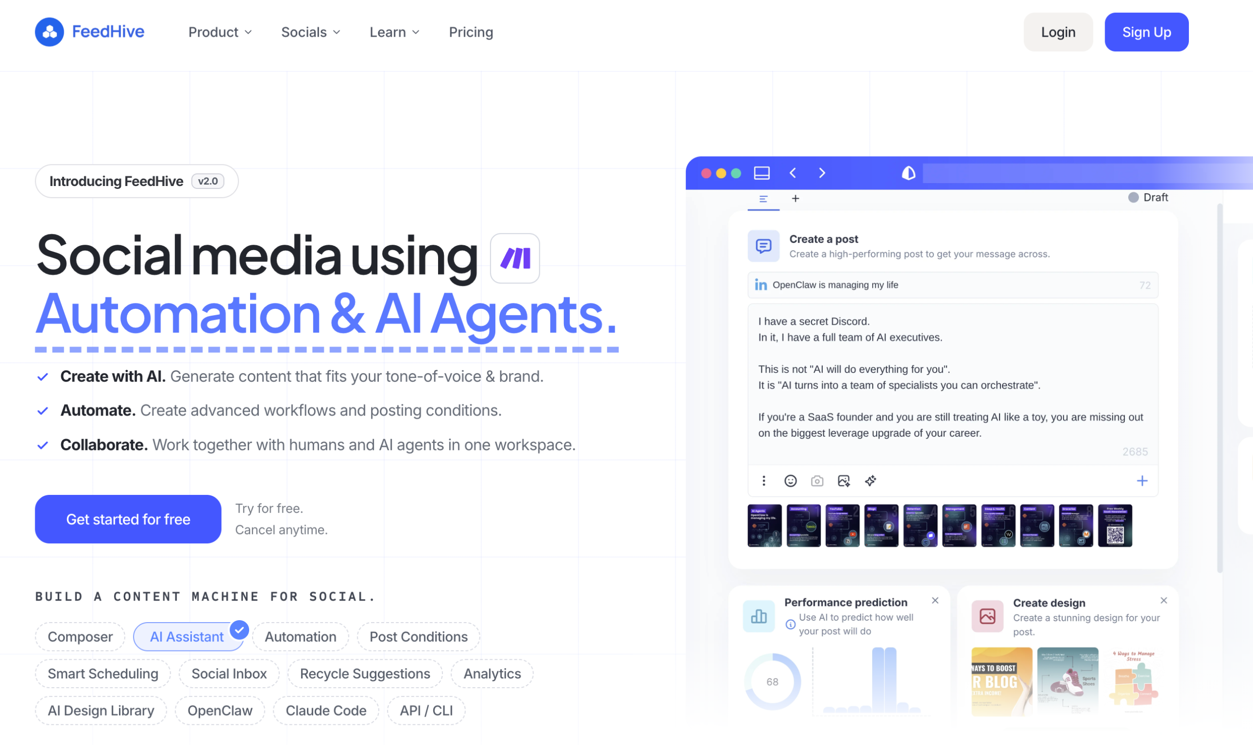 FeedHive homepage presenting AI agents and automation for social media content creation