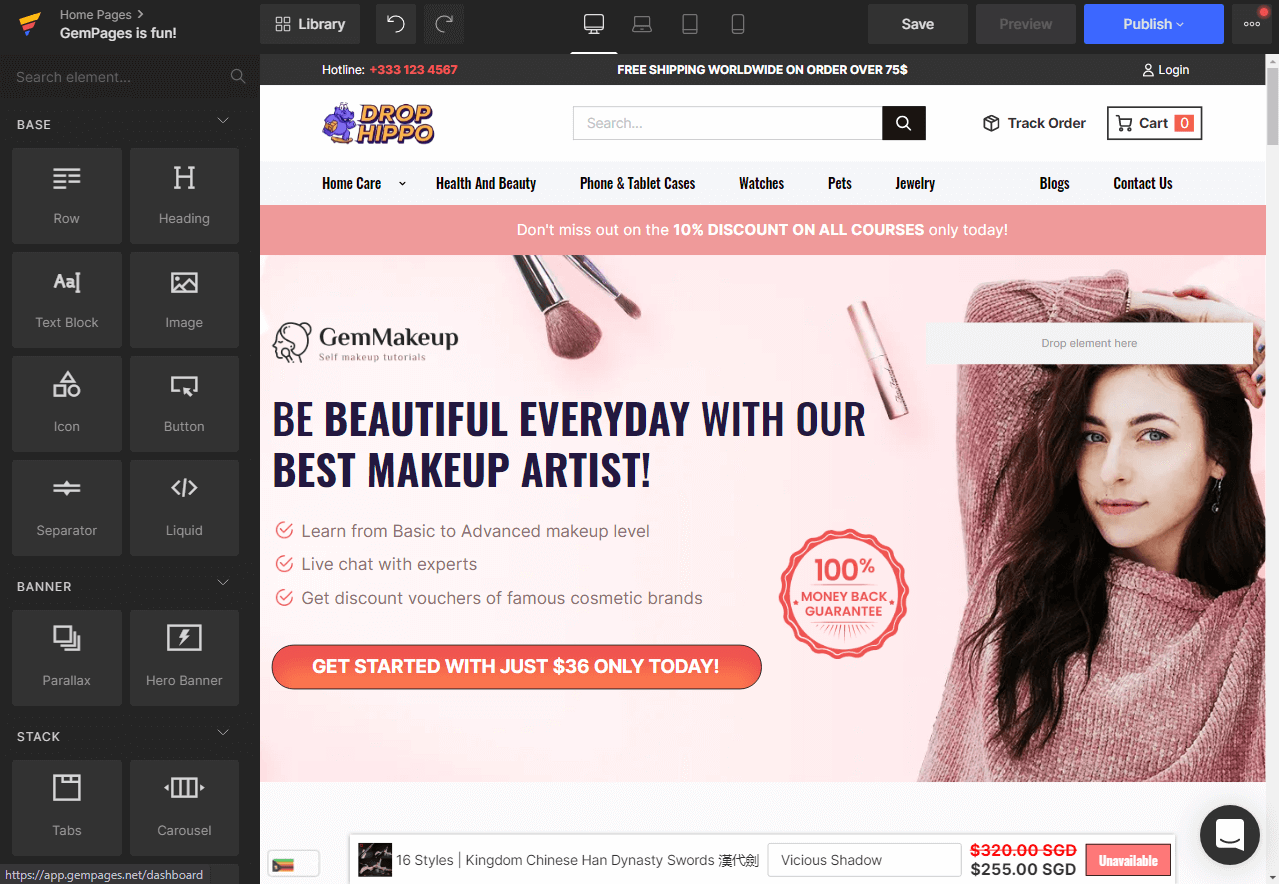 GemPages visual editor for building and publishing a Shopify ecommerce page