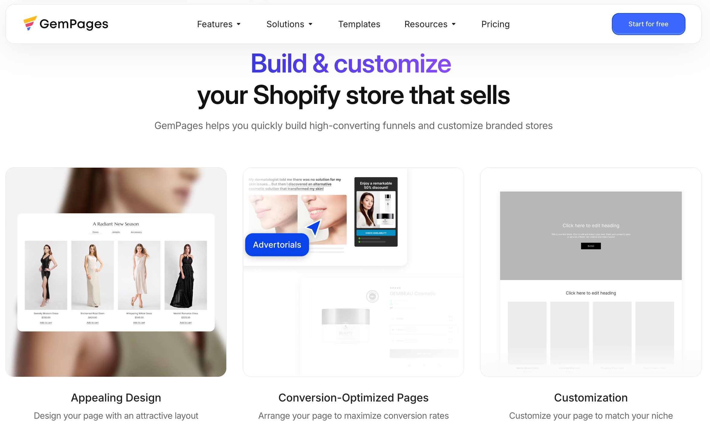 GemPages homepage showcasing Shopify store building and conversion-focused page design