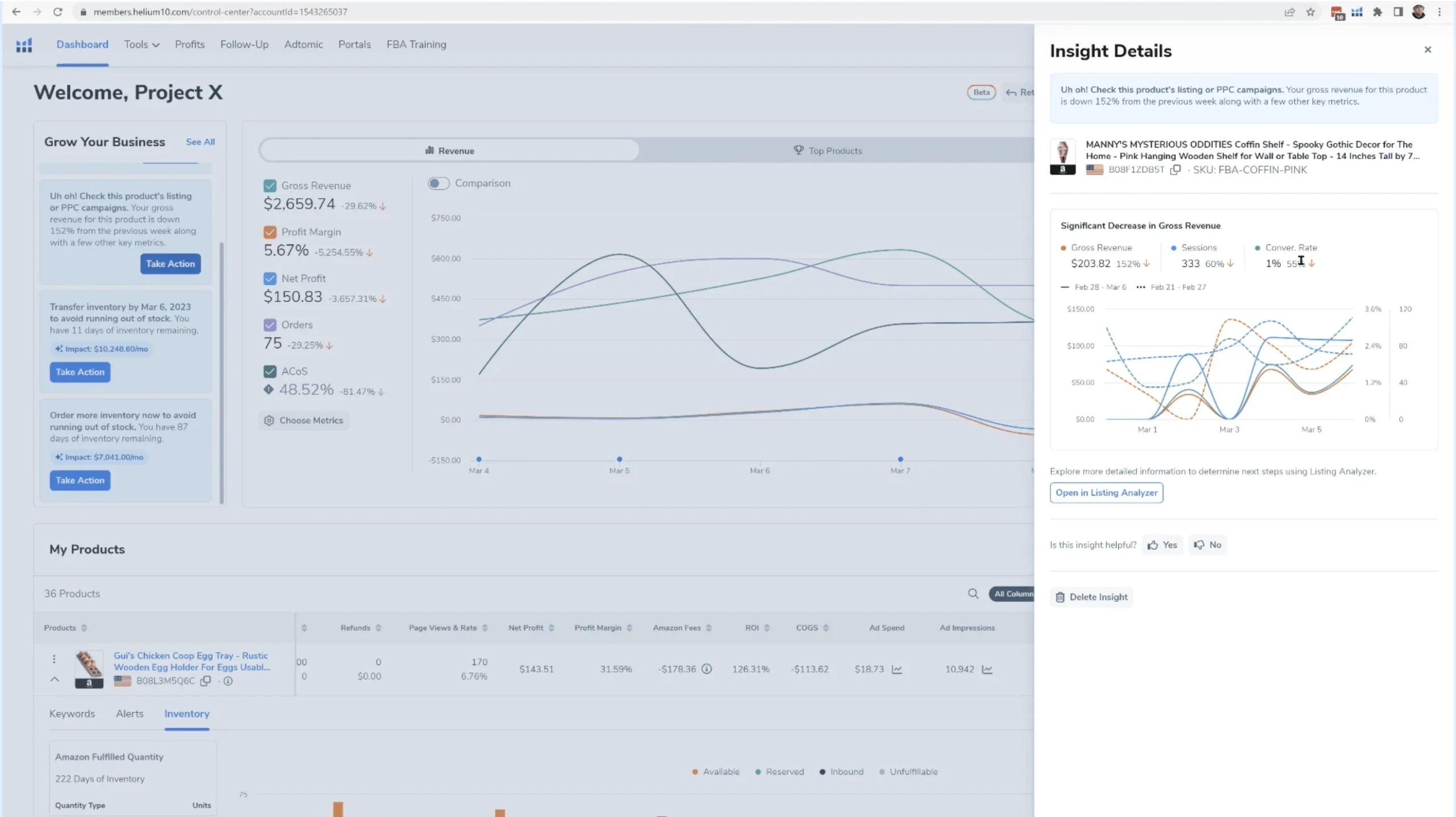 Helium 10 AI commerce agent showing Amazon seller prompts for keyword analysis, product research, and business insights