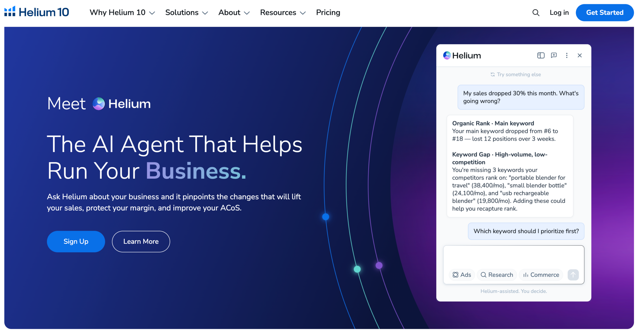 Helium 10 homepage presenting its AI agent and software suite for Amazon and marketplace sellers
