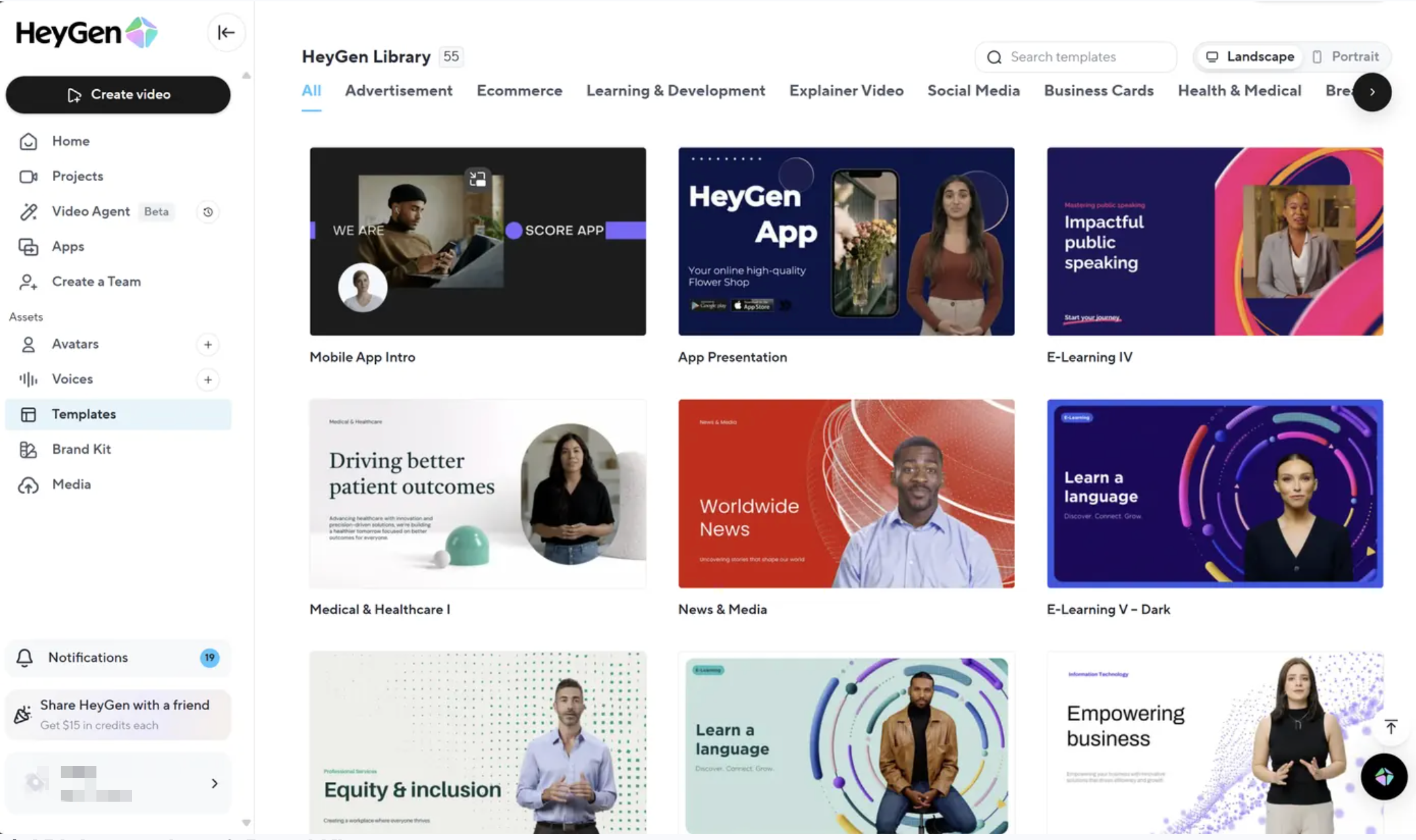 HeyGen template library showing ecommerce, advertisement, explainer, and social video templates