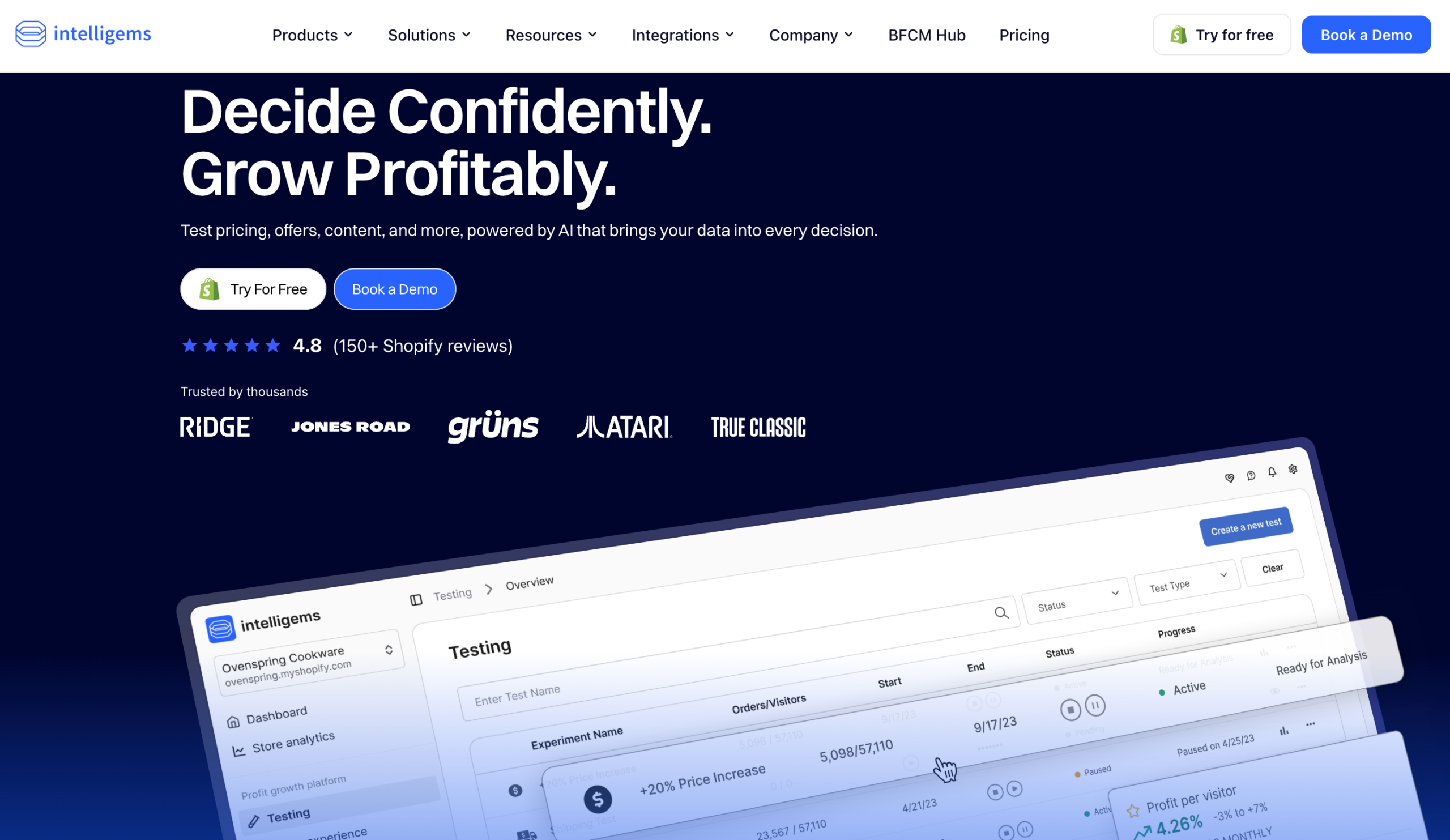 Intelligems homepage presenting AI-powered ecommerce testing for pricing, offers, and content