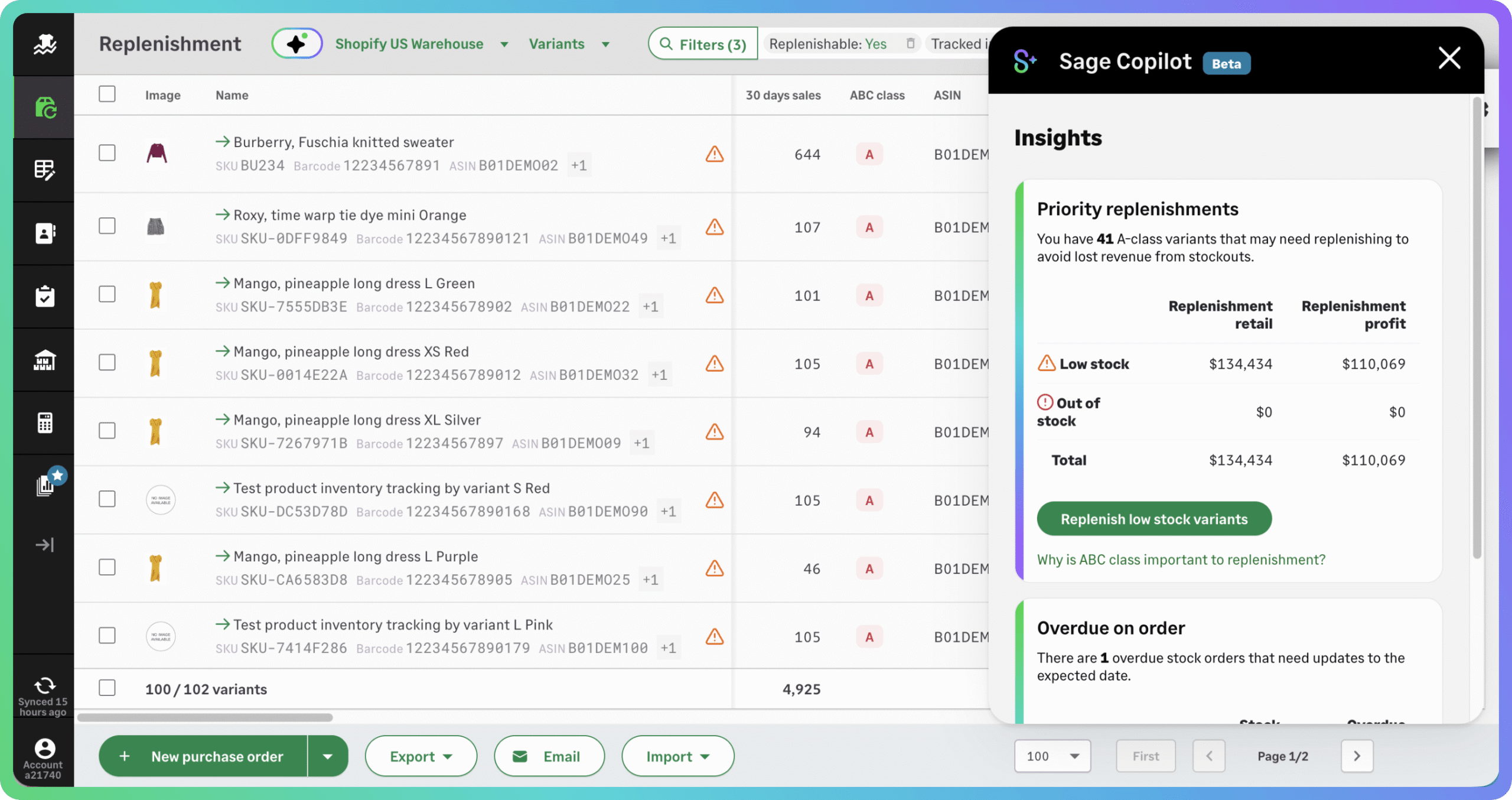 Inventory Planner interface showing AI-assisted inventory insights, replenishment priorities, and purchasing recommendations