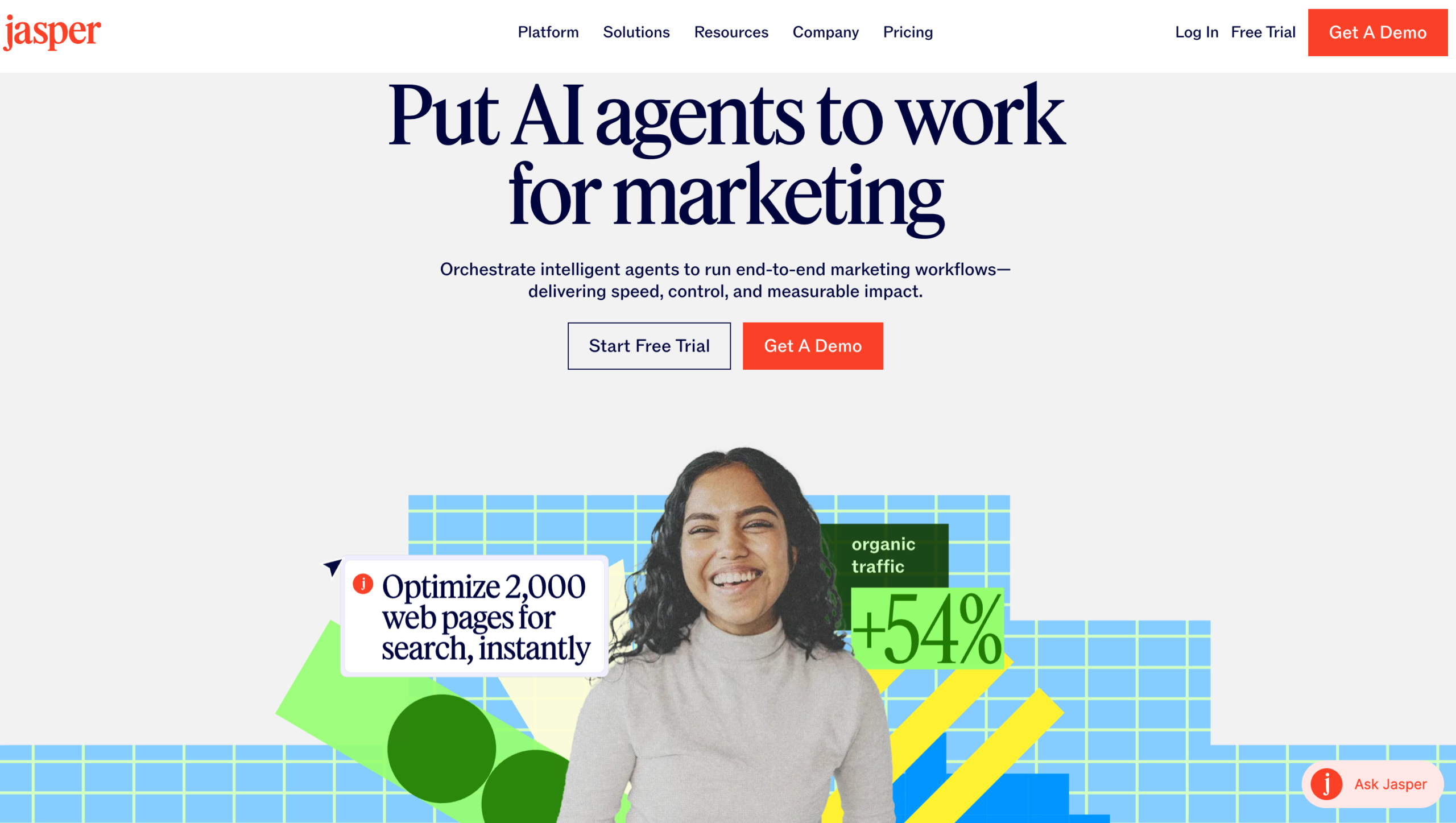 Jasper homepage presenting AI marketing agents for brand and campaign workflows