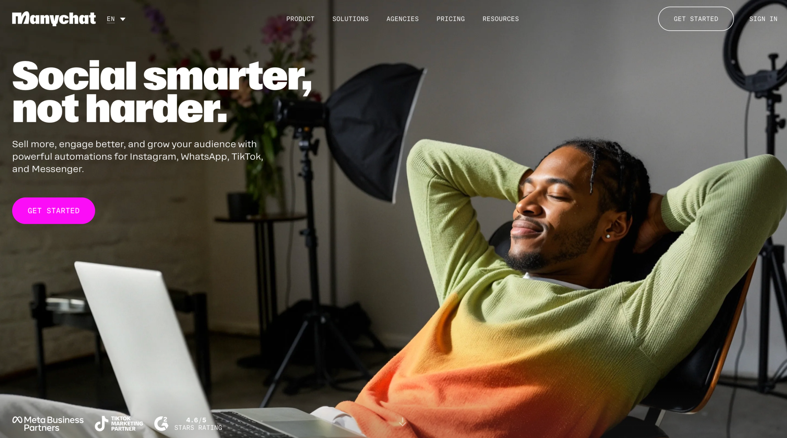 ManyChat homepage presenting chat marketing and messaging automation for social channels