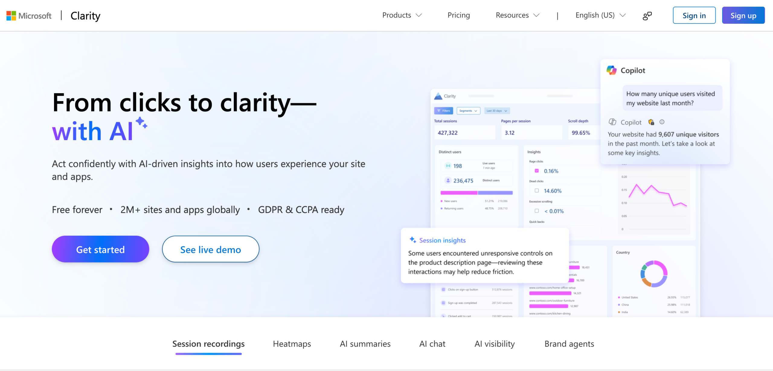 Microsoft Clarity homepage presenting free heatmaps and session recordings for website analytics