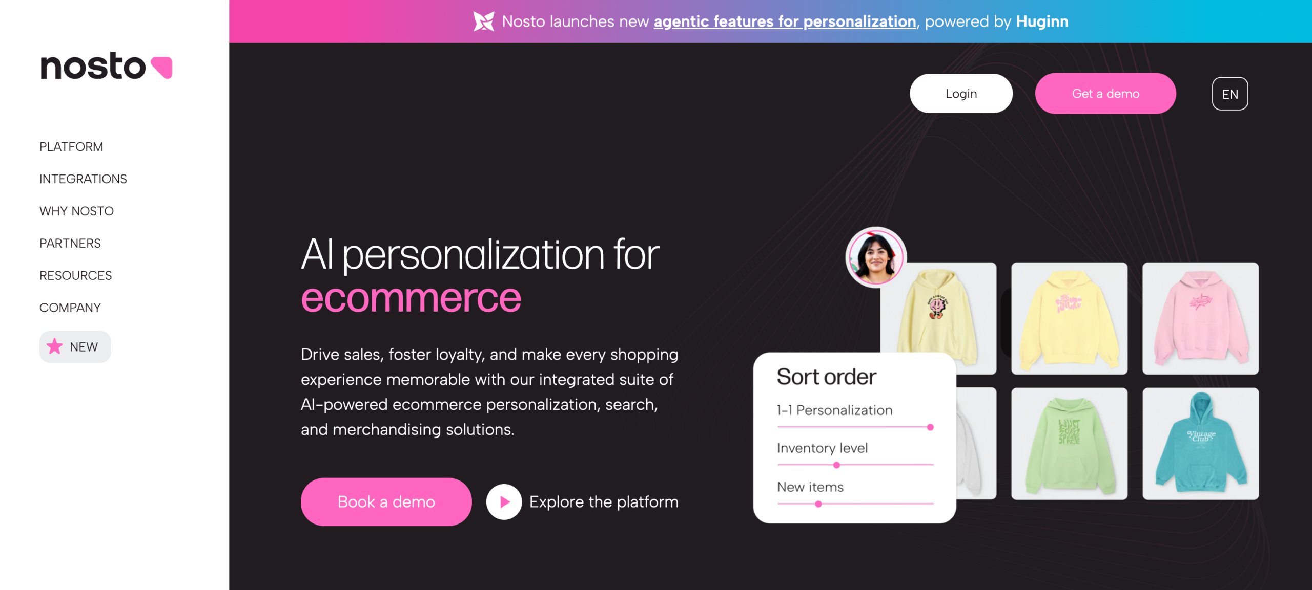 Nosto homepage presenting AI-powered ecommerce personalization, search, and merchandising
