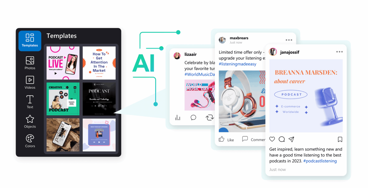 Ocoya AI design workspace showing templates and social media post previews