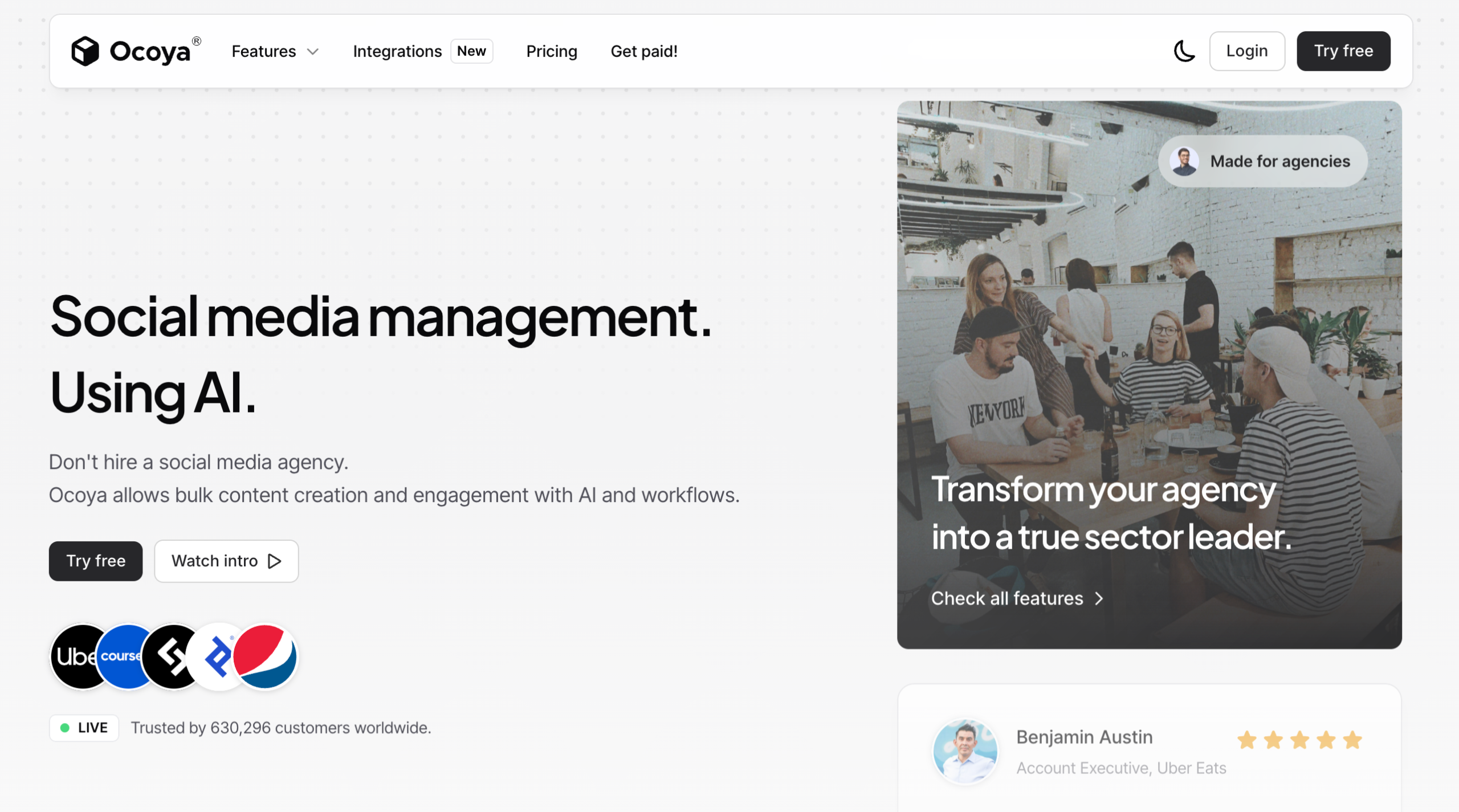 Ocoya homepage promoting AI-powered social media management and bulk content workflows
