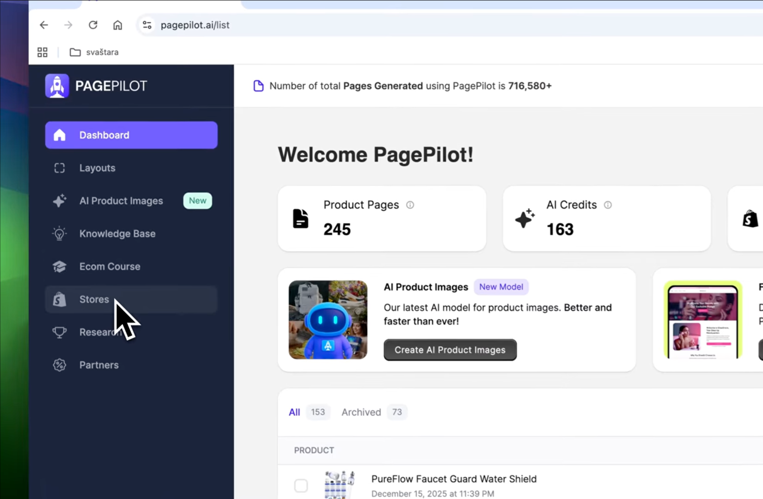 PagePilot dashboard showing generated product pages, AI credits, and AI product image tools