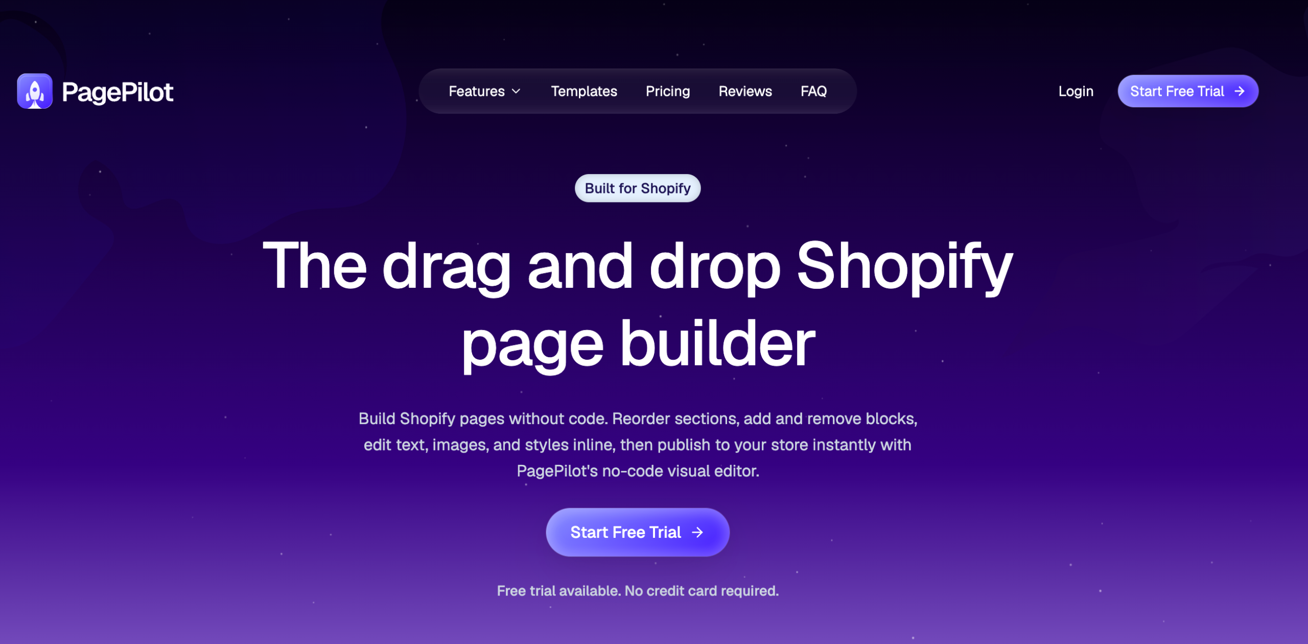 PagePilot homepage promoting its no-code drag-and-drop Shopify page builder