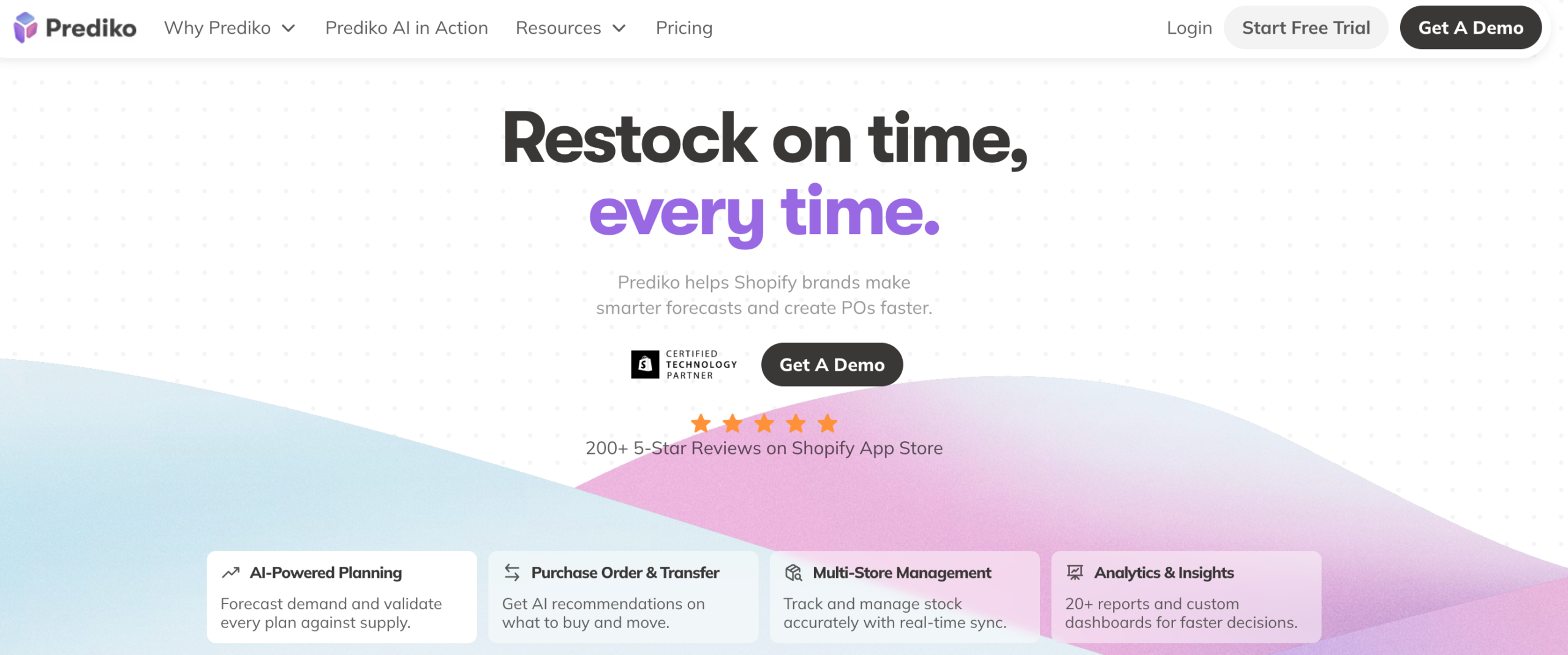 Prediko homepage presenting AI inventory planning and purchase order management for Shopify brands