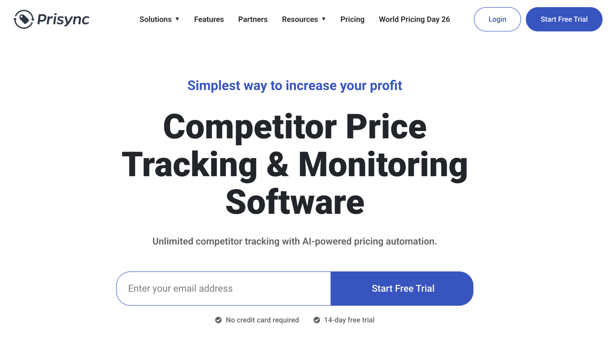 Prisync homepage presenting competitor price monitoring and dynamic pricing software for ecommerce