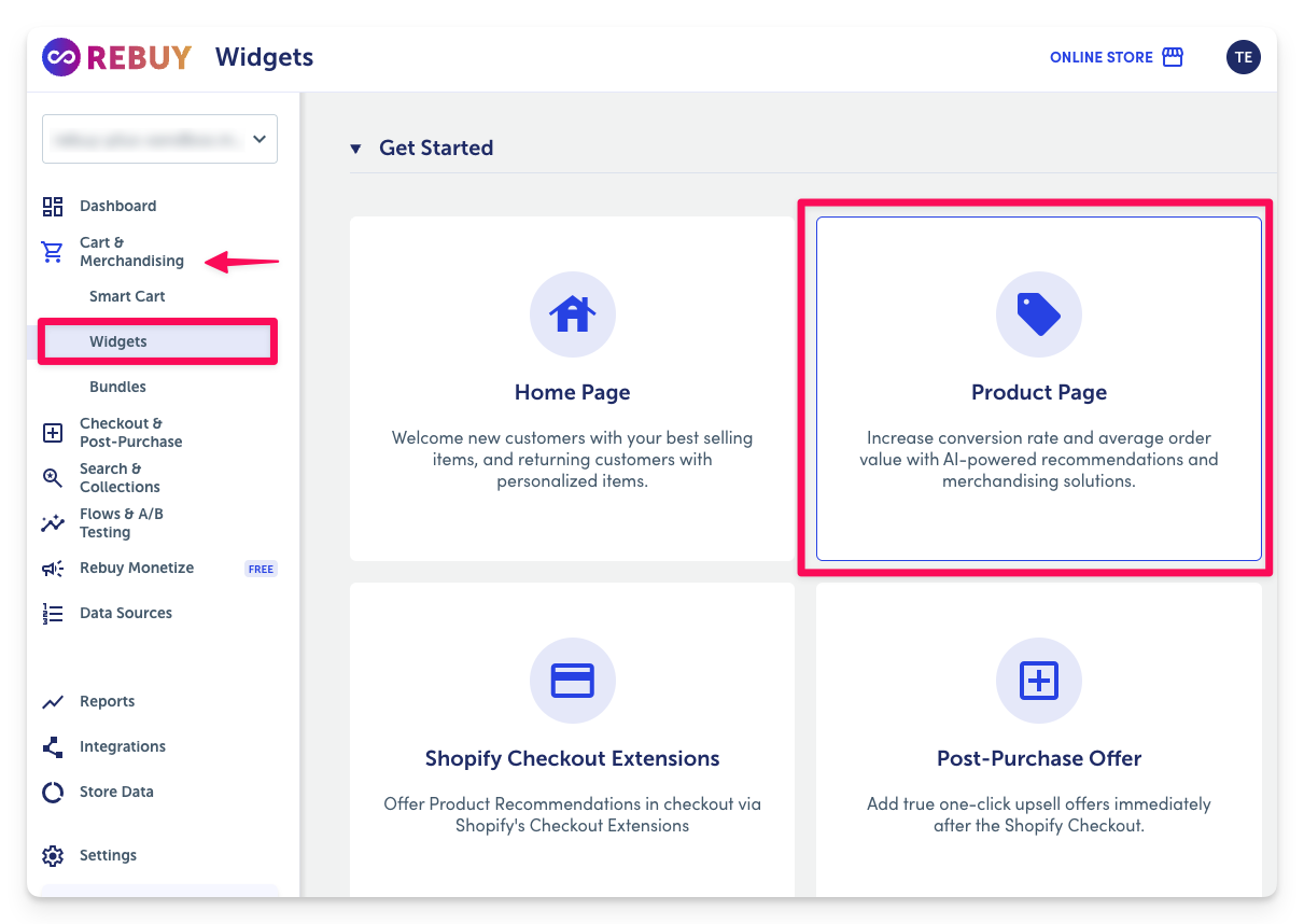 Rebuy Widgets dashboard for selecting product page, checkout, and post-purchase recommendation widgets