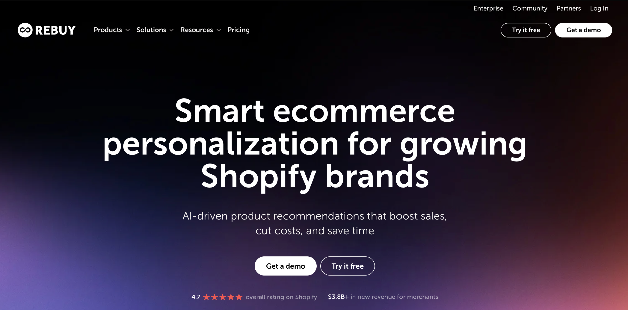 Rebuy homepage promoting AI-driven ecommerce personalization for growing Shopify brands