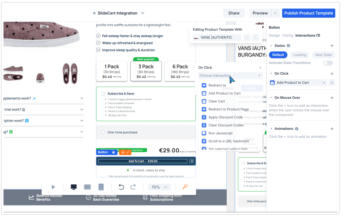 Replo landing page editor showing Shopify page layout and element controls
