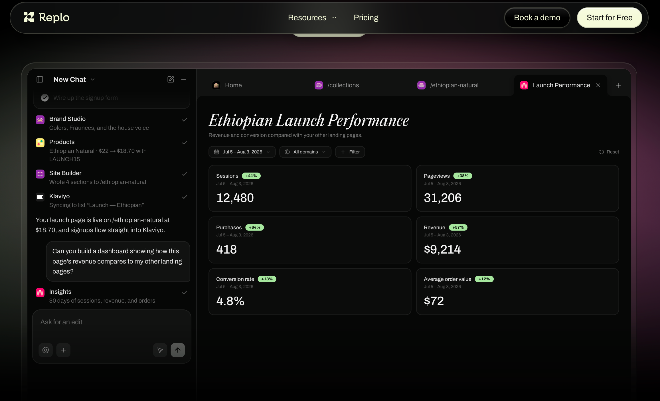 Replo dashboard for building and managing Shopify landing pages
