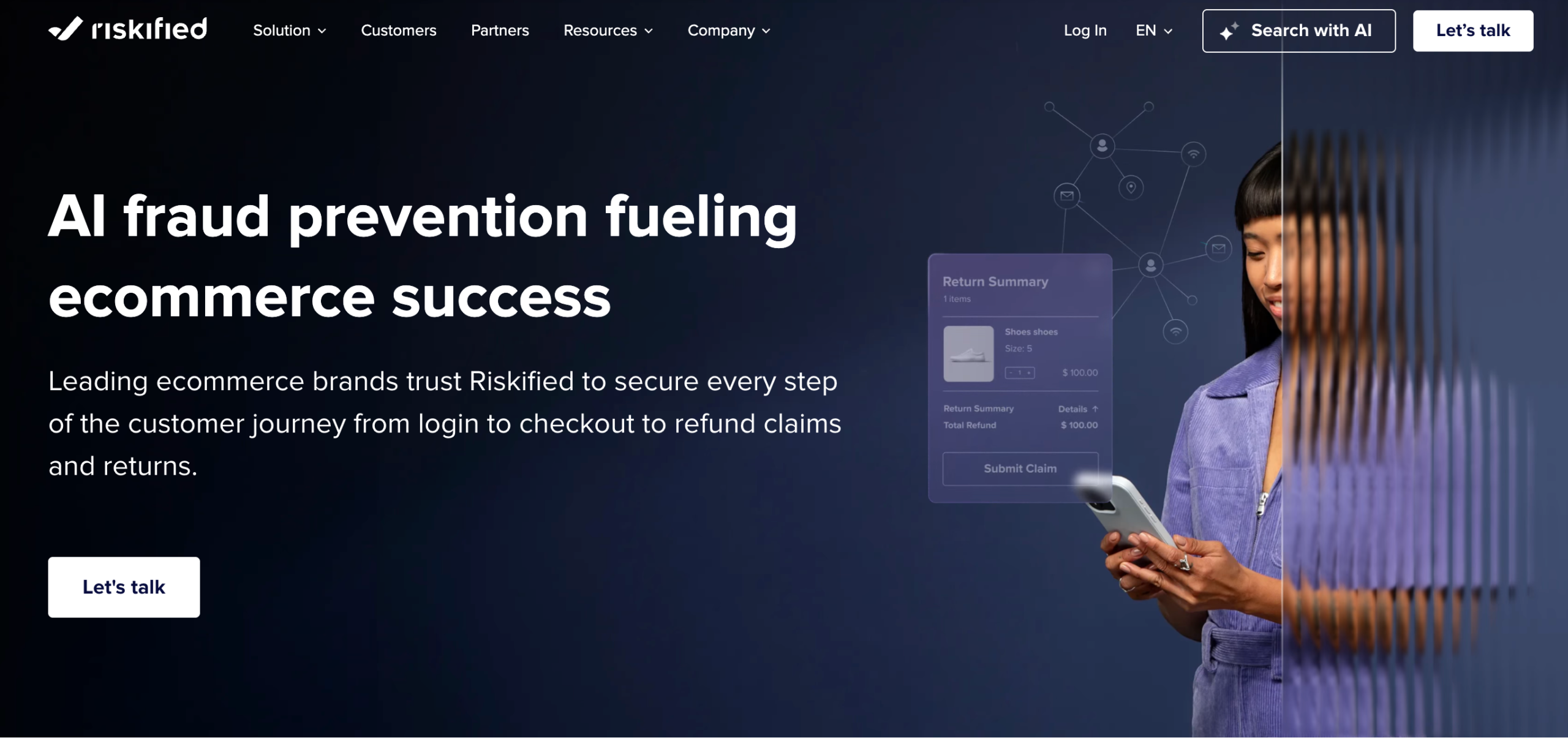 Riskified homepage presenting AI-powered ecommerce fraud prevention and chargeback protection