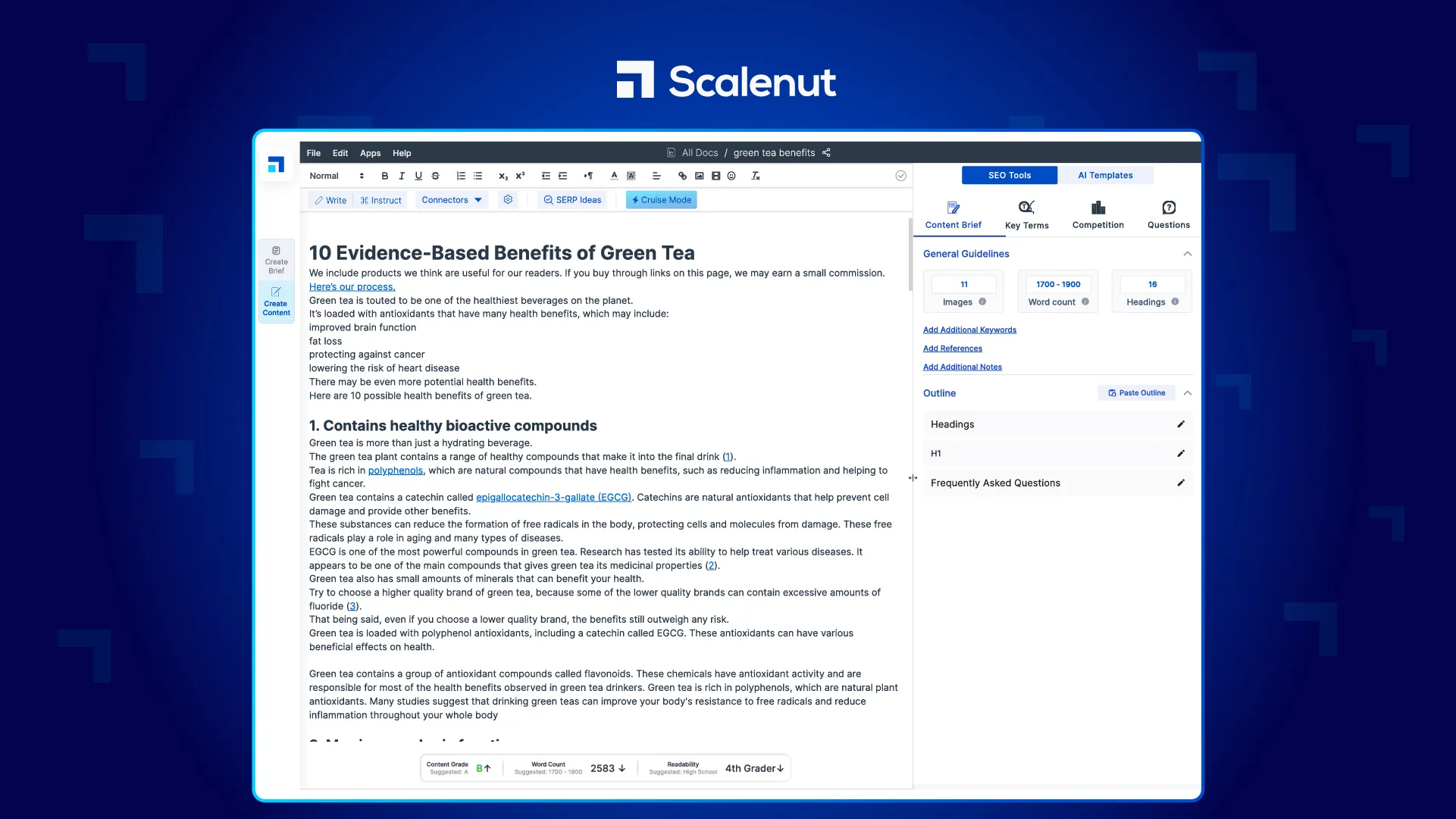 Scalenut content editor showing an SEO brief, outline, word count, and heading recommendations