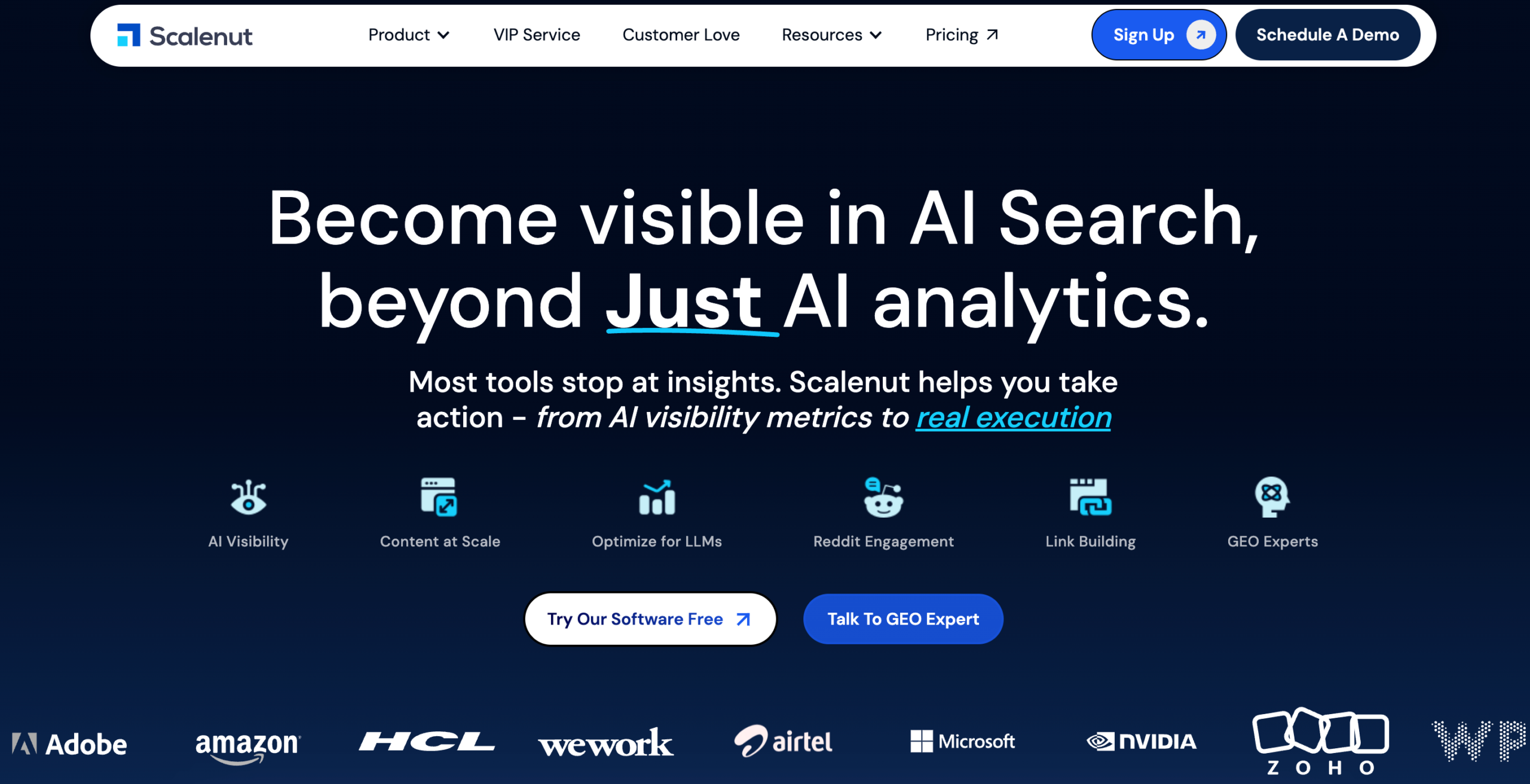 Scalenut homepage presenting AI search visibility, content optimization, and LLM marketing services