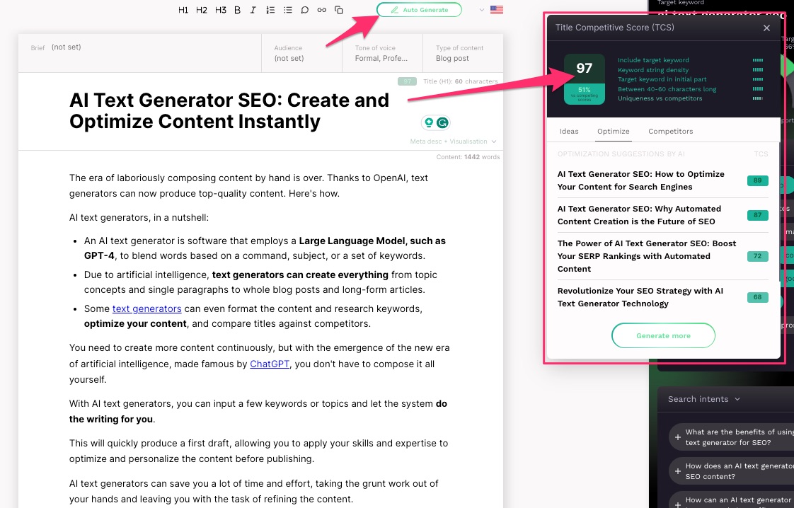 SEO.AI content editor showing a title score and AI optimization suggestions for an article