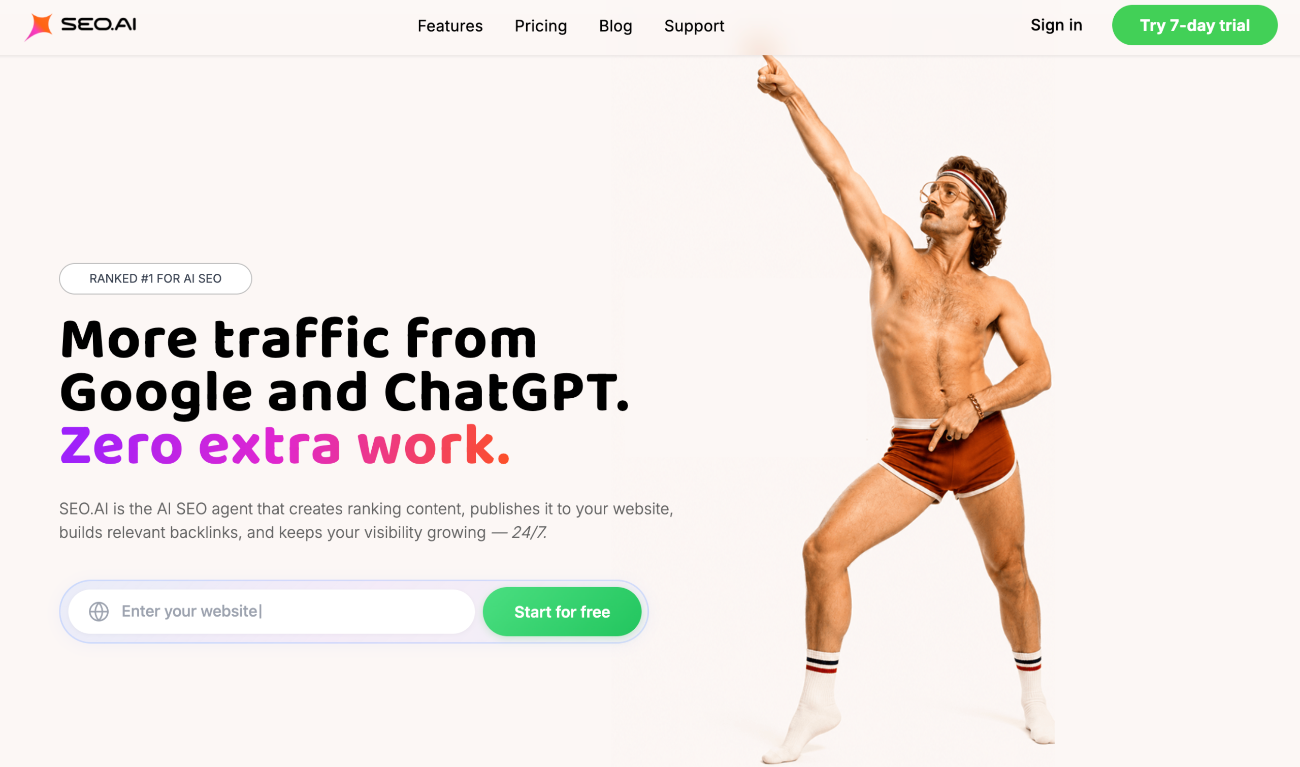 SEO.AI homepage promoting automated content, Google rankings, and ChatGPT visibility