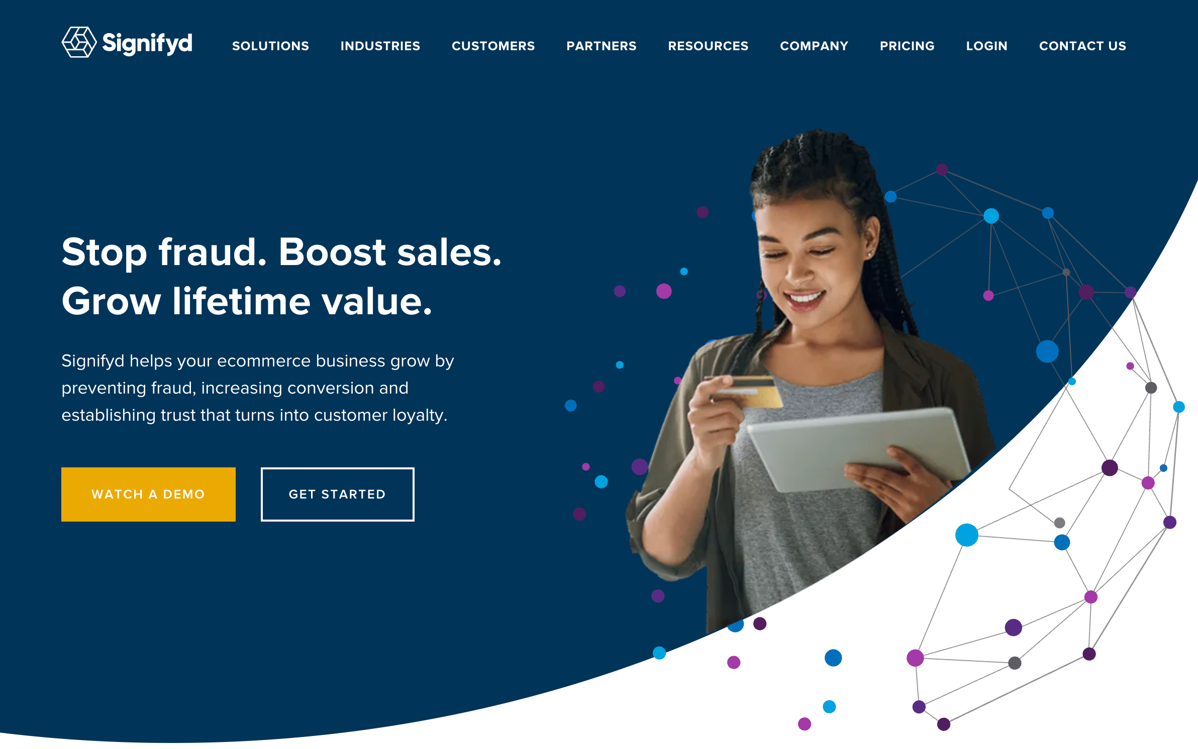 Signifyd homepage presenting AI-powered fraud protection and conversion optimization for ecommerce merchants