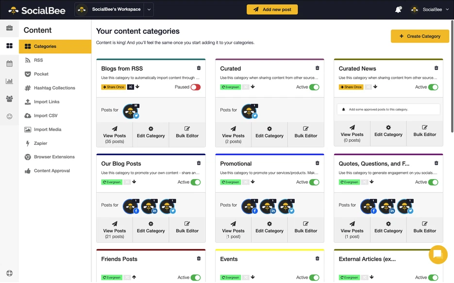 SocialBee content dashboard organizing RSS, curated, promotional, and social media post categories