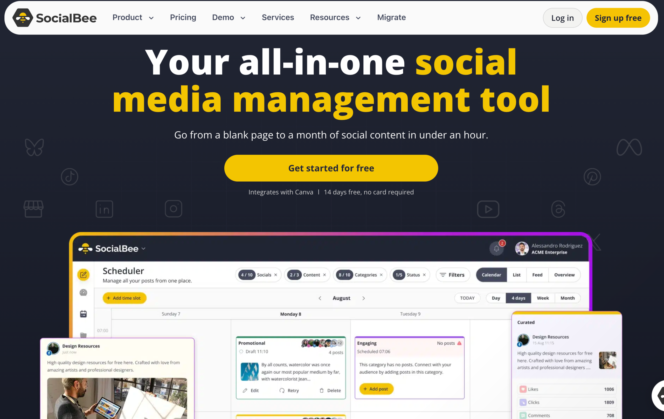 SocialBee homepage presenting AI-powered social media management and content scheduling