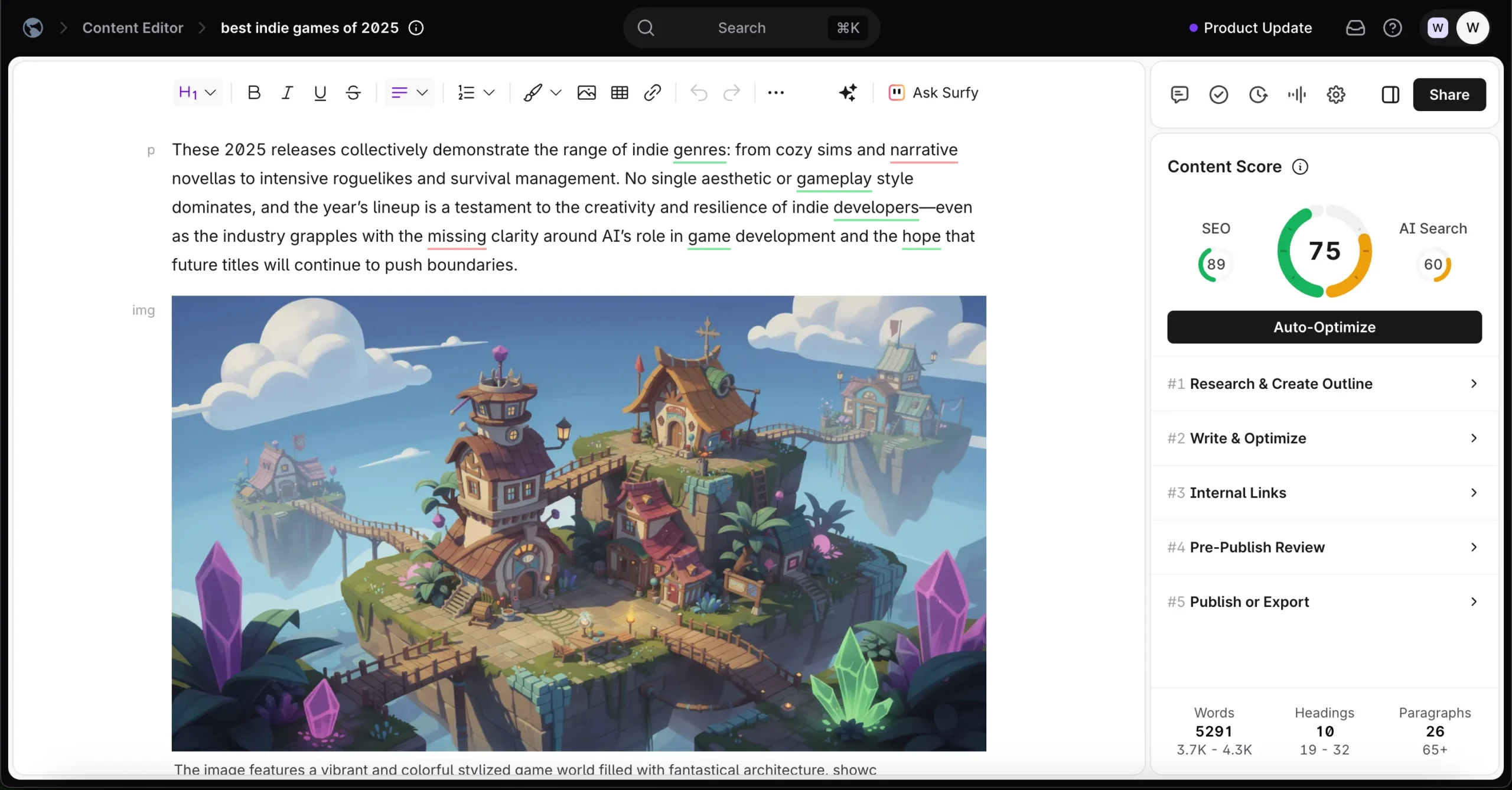 Surfer Content Editor showing SEO and AI search scores with content optimization steps