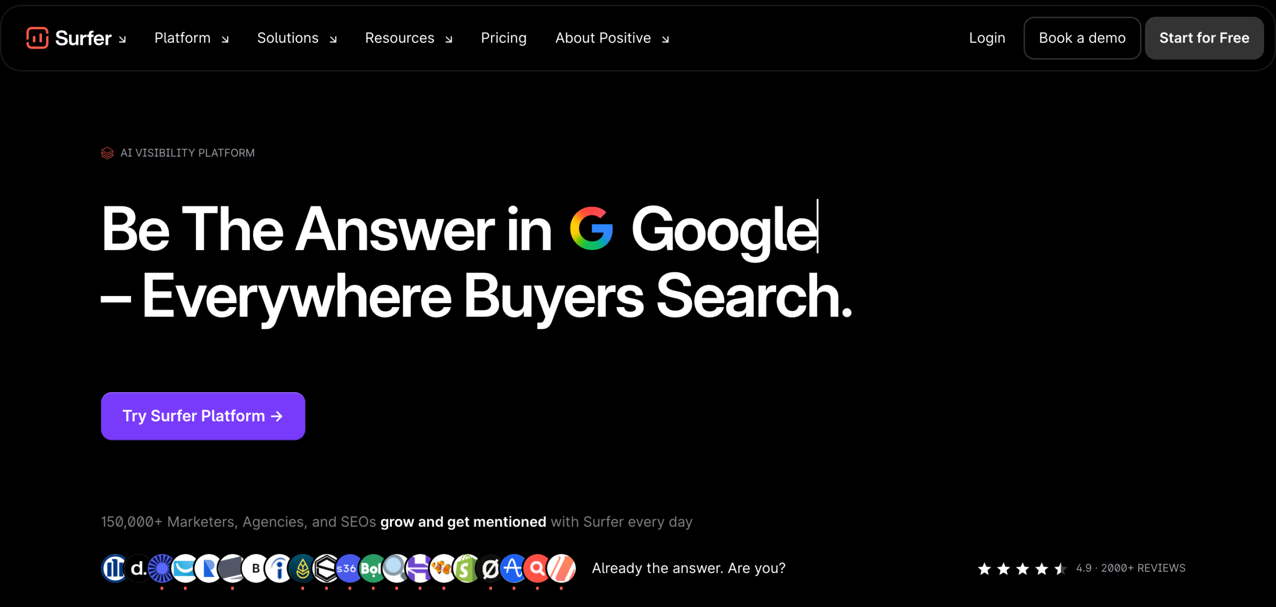 Surfer homepage presenting its AI visibility platform for Google and buyer search discovery