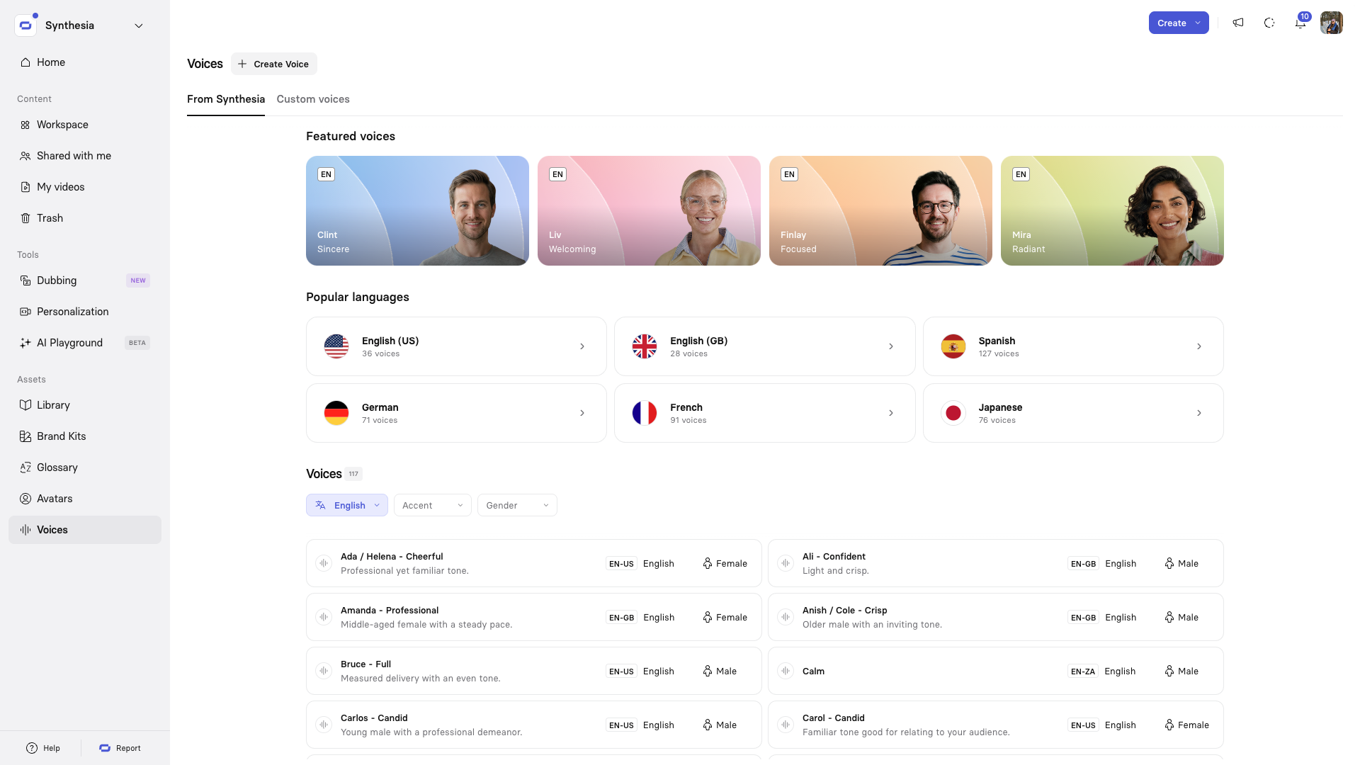 Synthesia Voices library showing featured AI voices and language filters