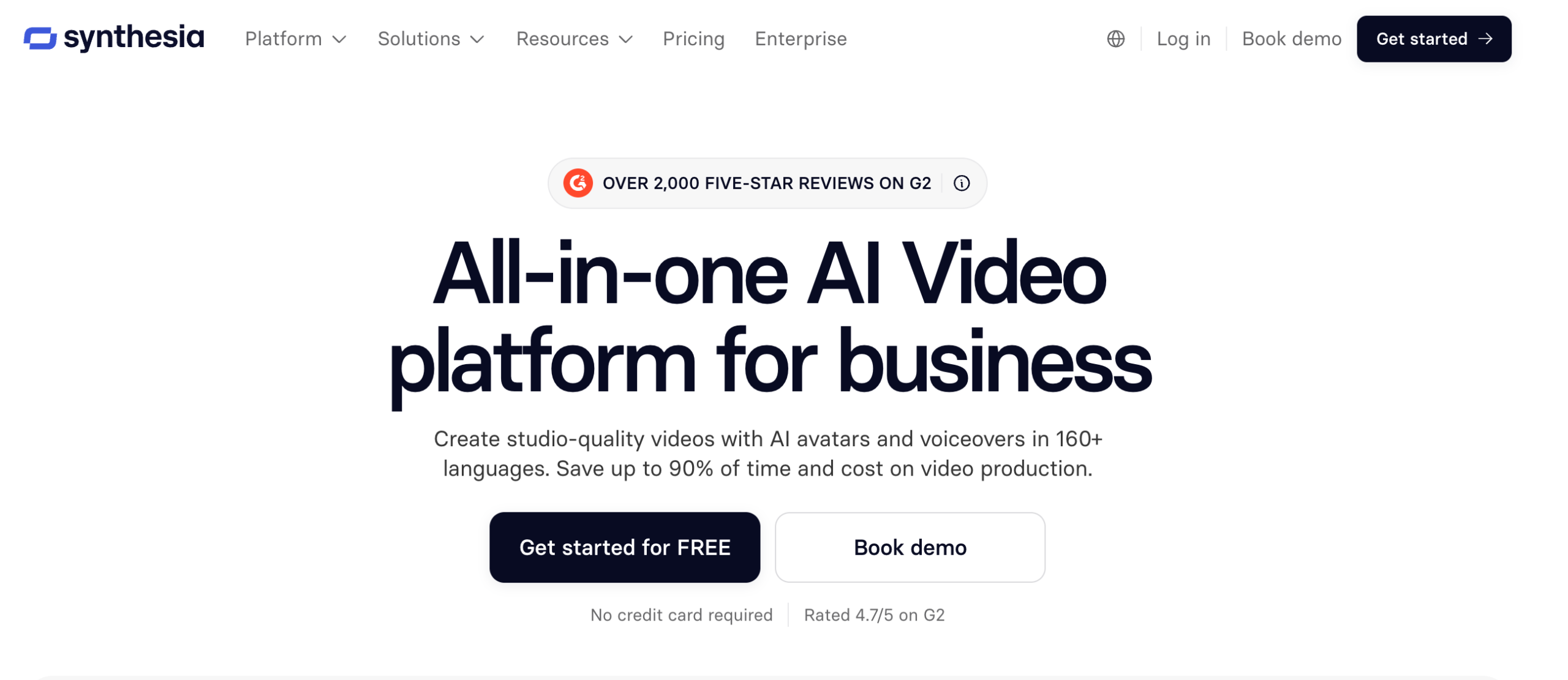 Synthesia homepage presenting its AI video platform for business teams