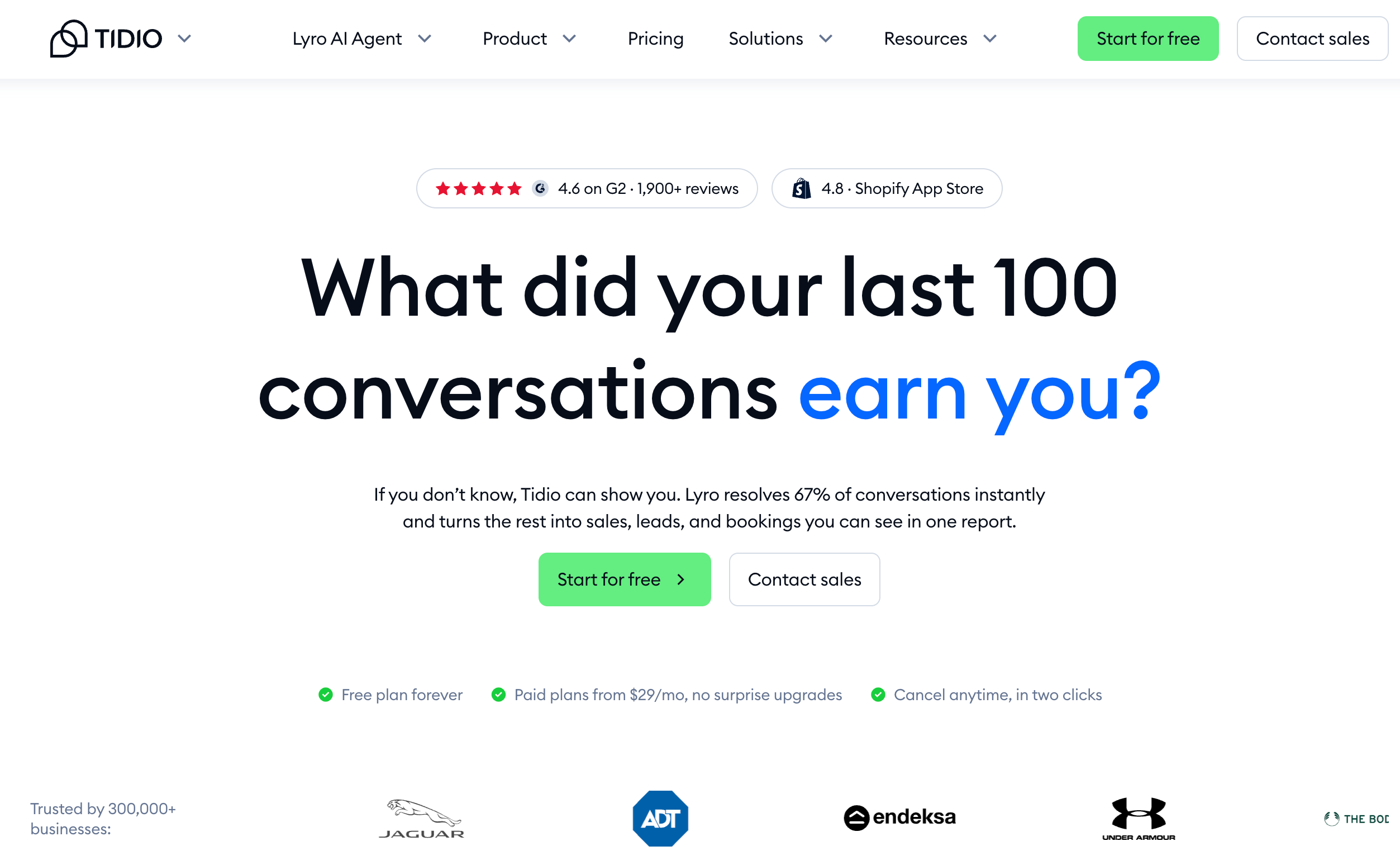 Tidio homepage presenting AI-powered customer service, live chat, and support automation