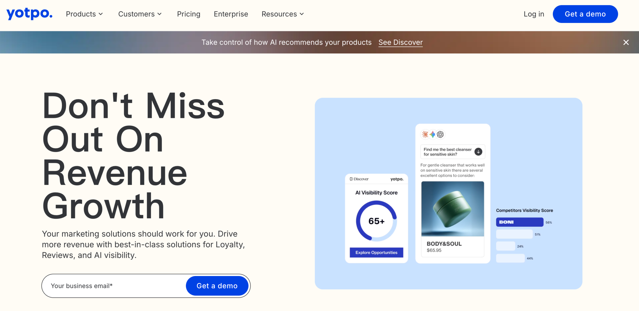 Yotpo homepage presenting ecommerce reviews, loyalty, user-generated content, and AI visibility products