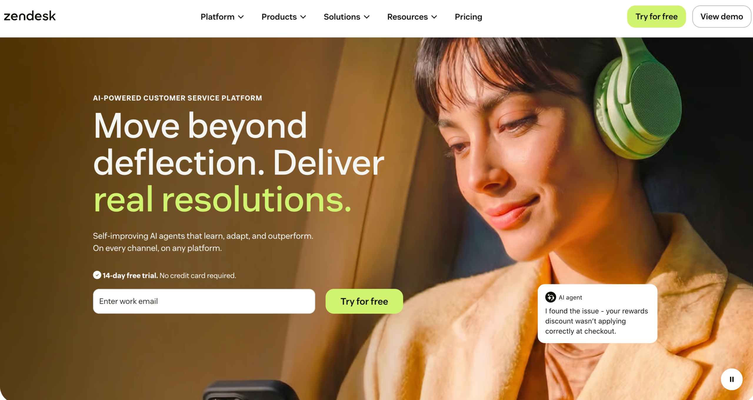 Zendesk homepage presenting its AI-powered customer service and resolution platform