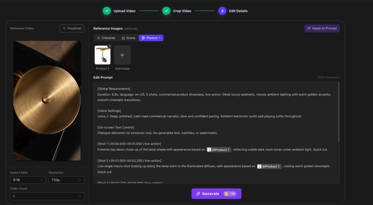 AdsTurbo Ad Clone editor with a product reference image and Product 1 references in the scene prompt
