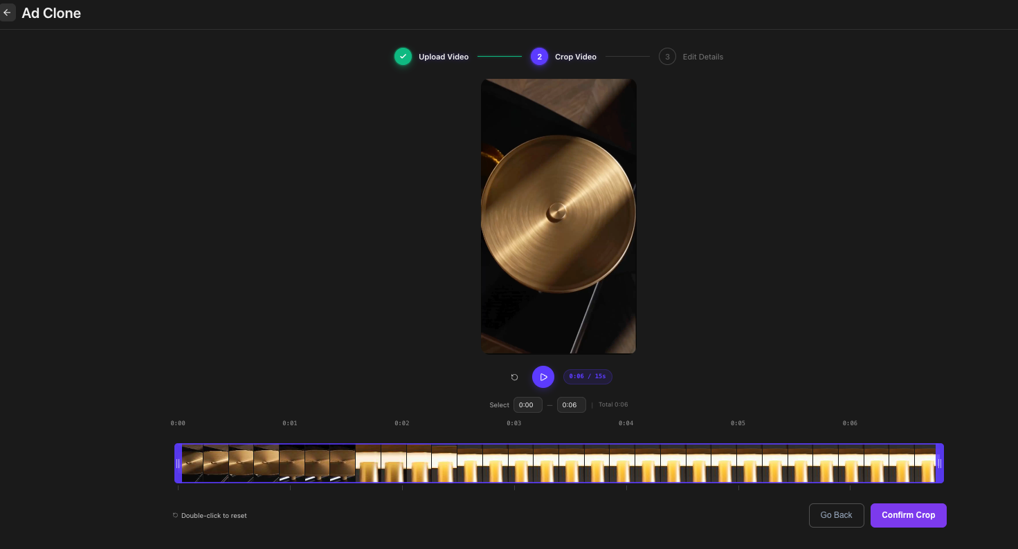 AdsTurbo Ad Clone Crop Video screen showing a selected six-second reference video segment